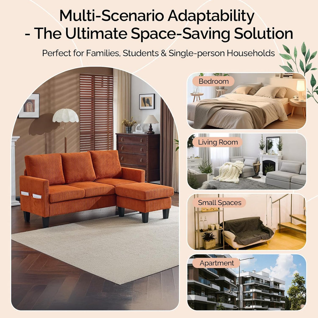 VINGLI 68.5' L Shaped Couch with Movable Storage Ottoman, Convertible Sectional Sofa in Soft Corduroy Fabric, Modern Reversible Chaise Couch for Small Spaces, Apartment, Living Room，Orange