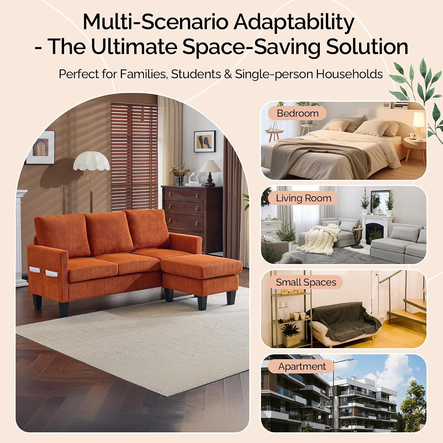 VINGLI 68.5' L Shaped Couch with Movable Storage Ottoman, Convertible Sectional Sofa in Soft Corduroy Fabric, Modern Reversible Chaise Couch for Small Spaces, Apartment, Living Room，Orange