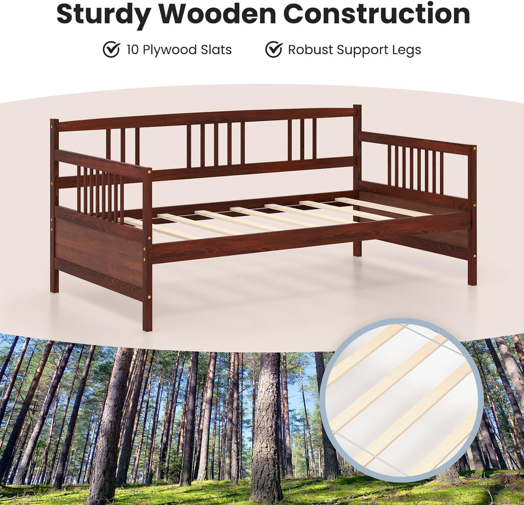 Giantex Twin Daybed Frame, Wooden Sofa Bed Guest Bed with Rails & Wood Slat Support, Dual-use Twin Size Platform Bed Frame for Living Room Bedroom, No Box Spring Needed, Cherry
