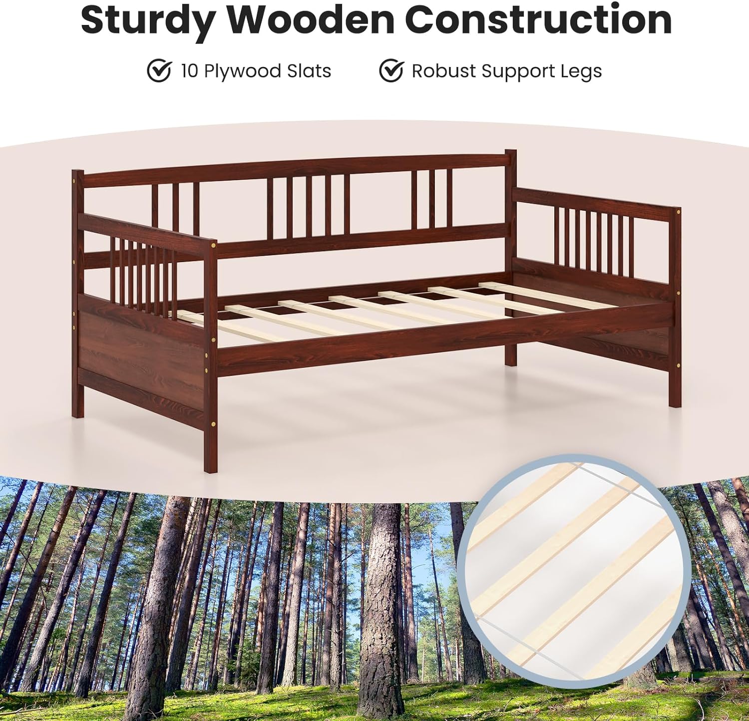 Giantex Twin Daybed Frame, Wooden Sofa Bed Guest Bed with Rails & Wood Slat Support, Dual-use Twin Size Platform Bed Frame for Living Room Bedroom, No Box Spring Needed, Cherry