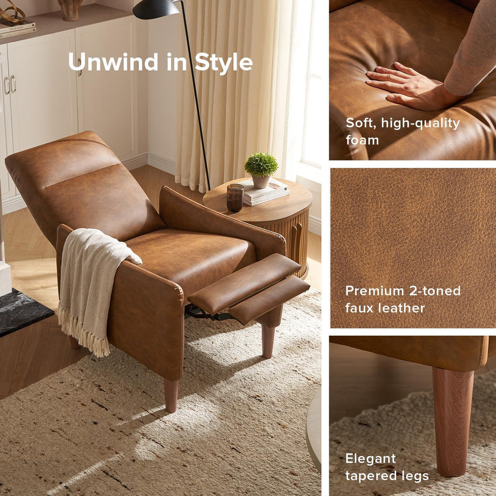 mopio Arthur Recliner Chair with 3 Positions, Accent Armchair, Mid Century Modern Reading Chair, High Back Padded Support Comfy Sleeper Armchair (Pecan Brown Faux Leather)