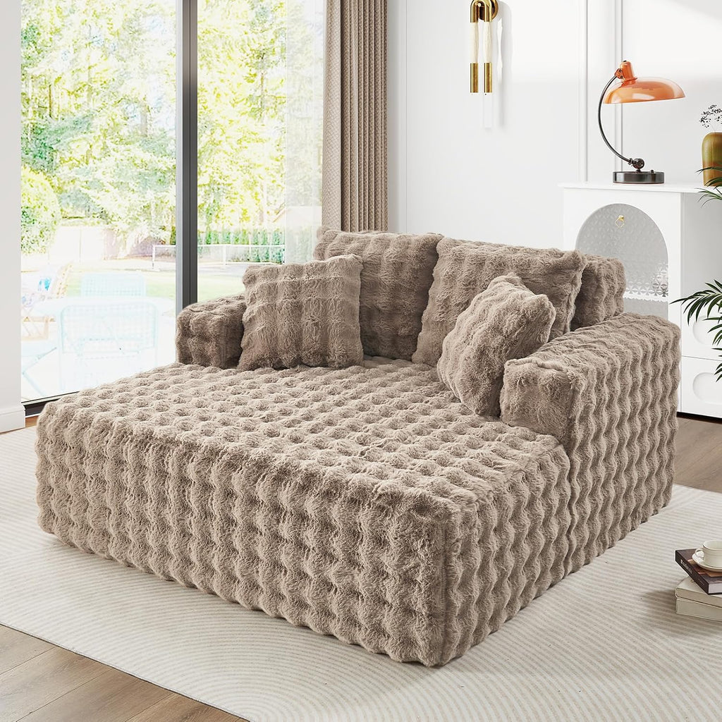 JEEOHEY 56' W Oversized Chaise Lounge Chair Indoor,Plush Faux Fur Sleeper Couch Sofa Bed with Pillows,Fluffy Comfy Cloud Sofa,Compression Foam Boneless Couch for Living Room,Bedroom(Bubble, Brown)