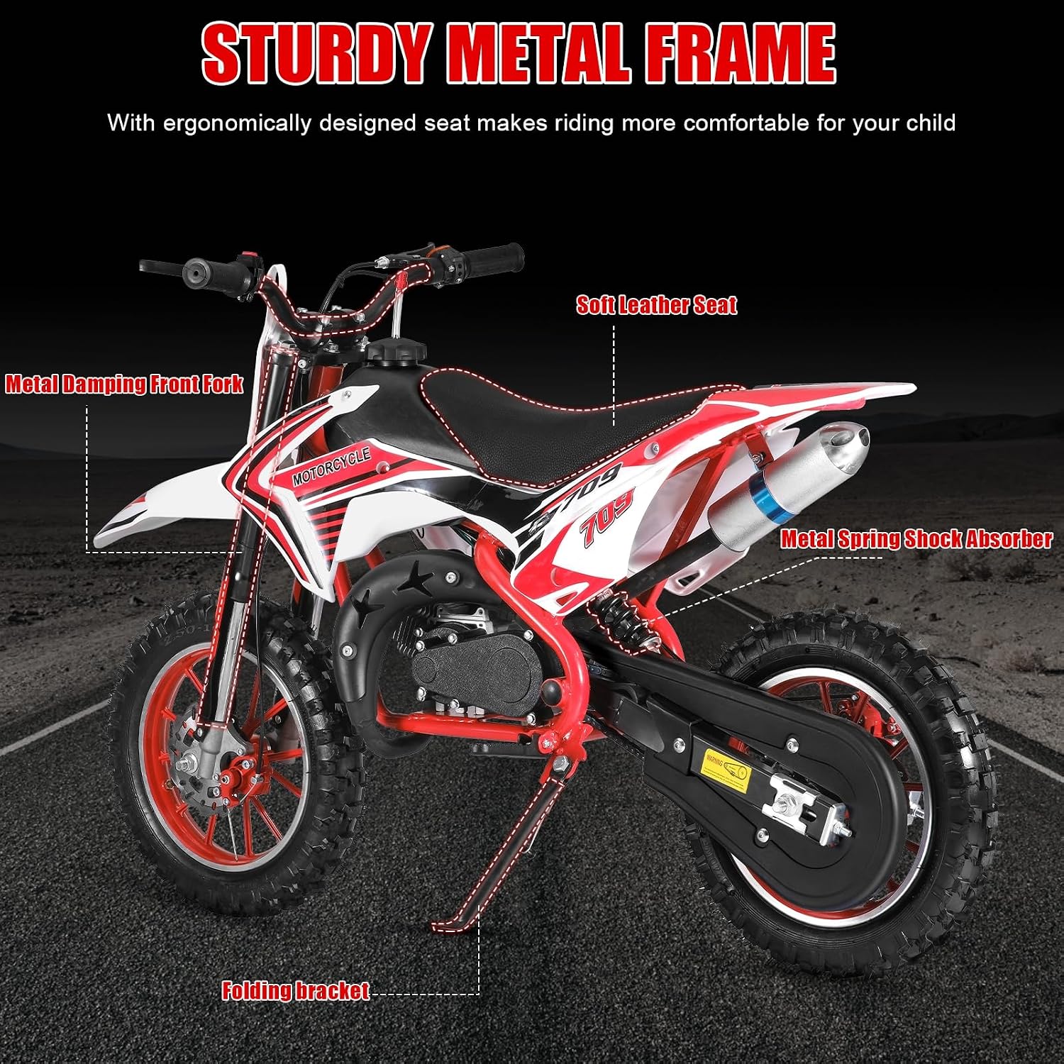 50cc Kids Dirt Bike | Gas Powered Mini Motorcycle for Ages 8-14 with 10' Off-Road Tires & Front-Rear Disc Brakes Red C