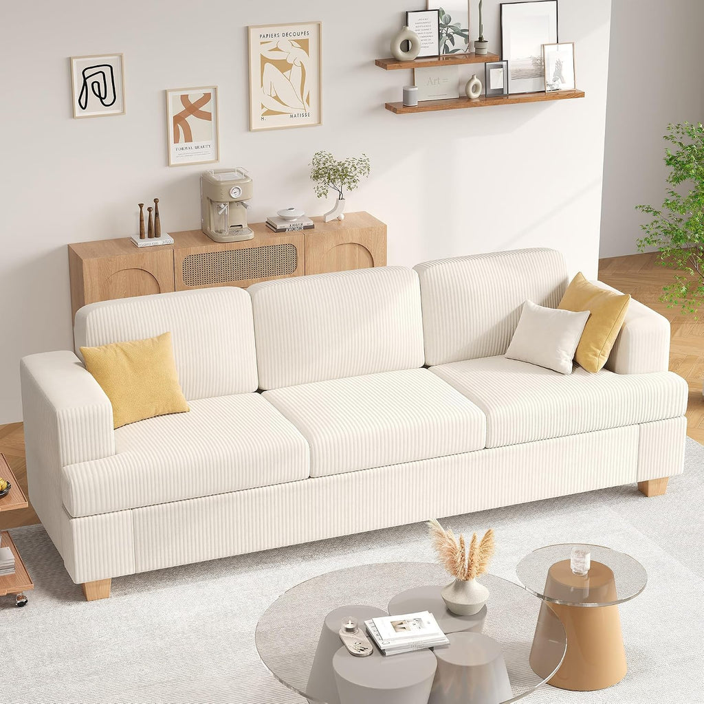 Apicizon 89' 3-Seater Sofa Couch for Living Room, Modern Sofa with Removerable Cover for Apartment Lounge, Comfy Corduroy Sleeper Couch, White