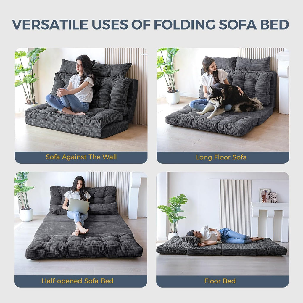 MAXYOYO Folding Sofa Bed, Tufted Bean Bag Bed with Pillows Floor Mattress for Adults, Extra Thick and Long Floor Sofa, Full Couch for Bedroom Living Room, Dark Grey, 54x91 Inch