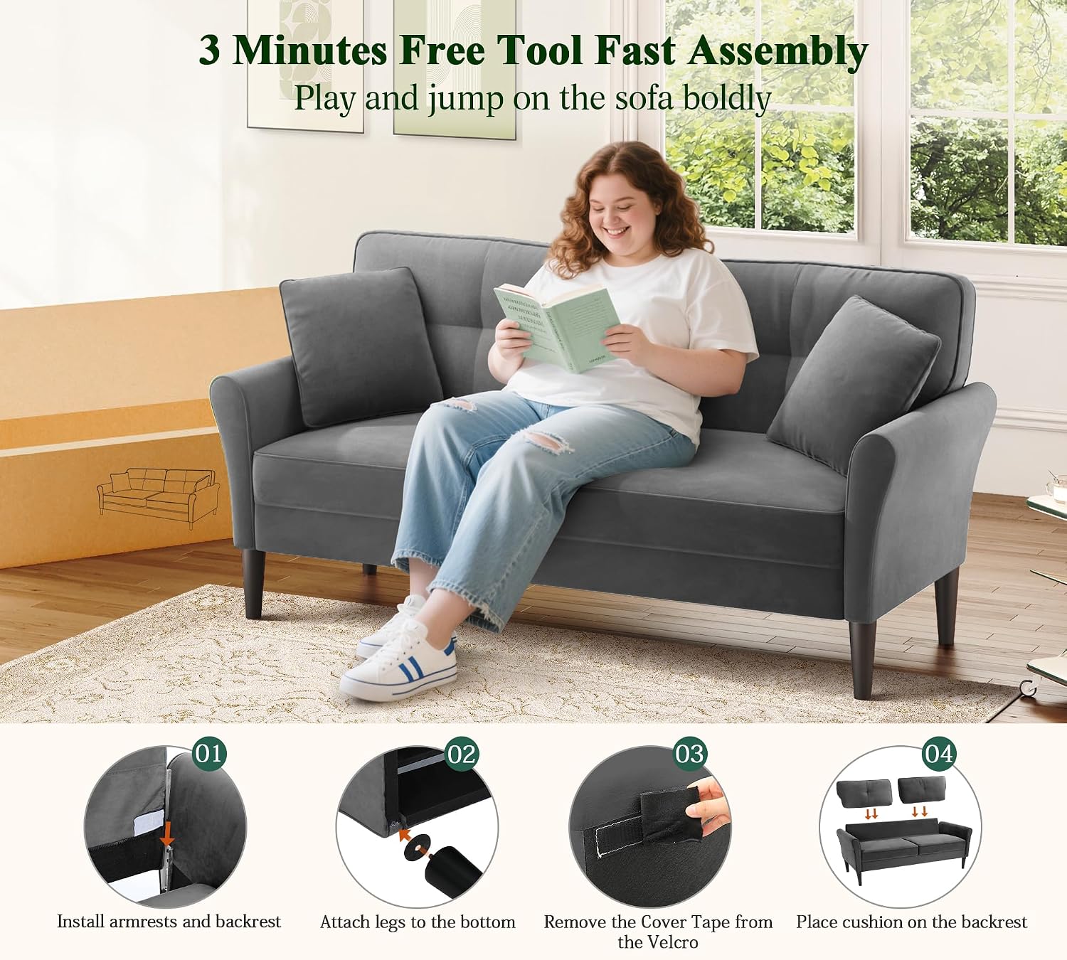 Loveseat Sofa, 69' Love Seat Couches, Comfy Velvet Small Couches for Small Spaces with 2 Pillows, Tool-Free Setup Sofas & Couches, 700lb Load Sofas for Living Room, Mini Couch for Bedroom, Grey Couch