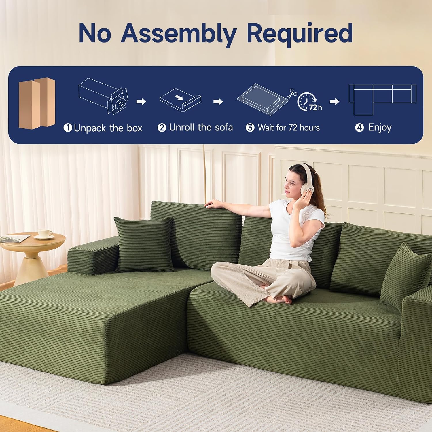 Brage Living 2025 New 108' Cloud Couch Sectional, Comfy Boneless Modular Sectional Sofa with L-Shaped Chaise, Deep Seat Couch for Living Room, No Assembly Required (Green, Left Facing Chaise)