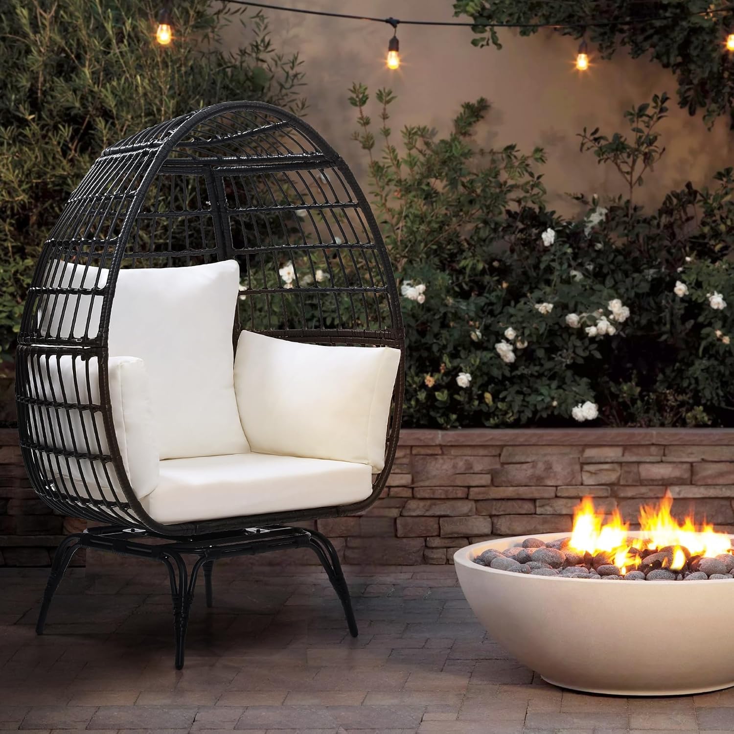 Murago Oversized 360° Swivel Rattan Egg Chair for Adult, Indoor Outdoor Patio Large Wicker Egg Chair with Overstuffed Cushions, 440lb Weight Capacity, Black Rattan with Beige Cushion