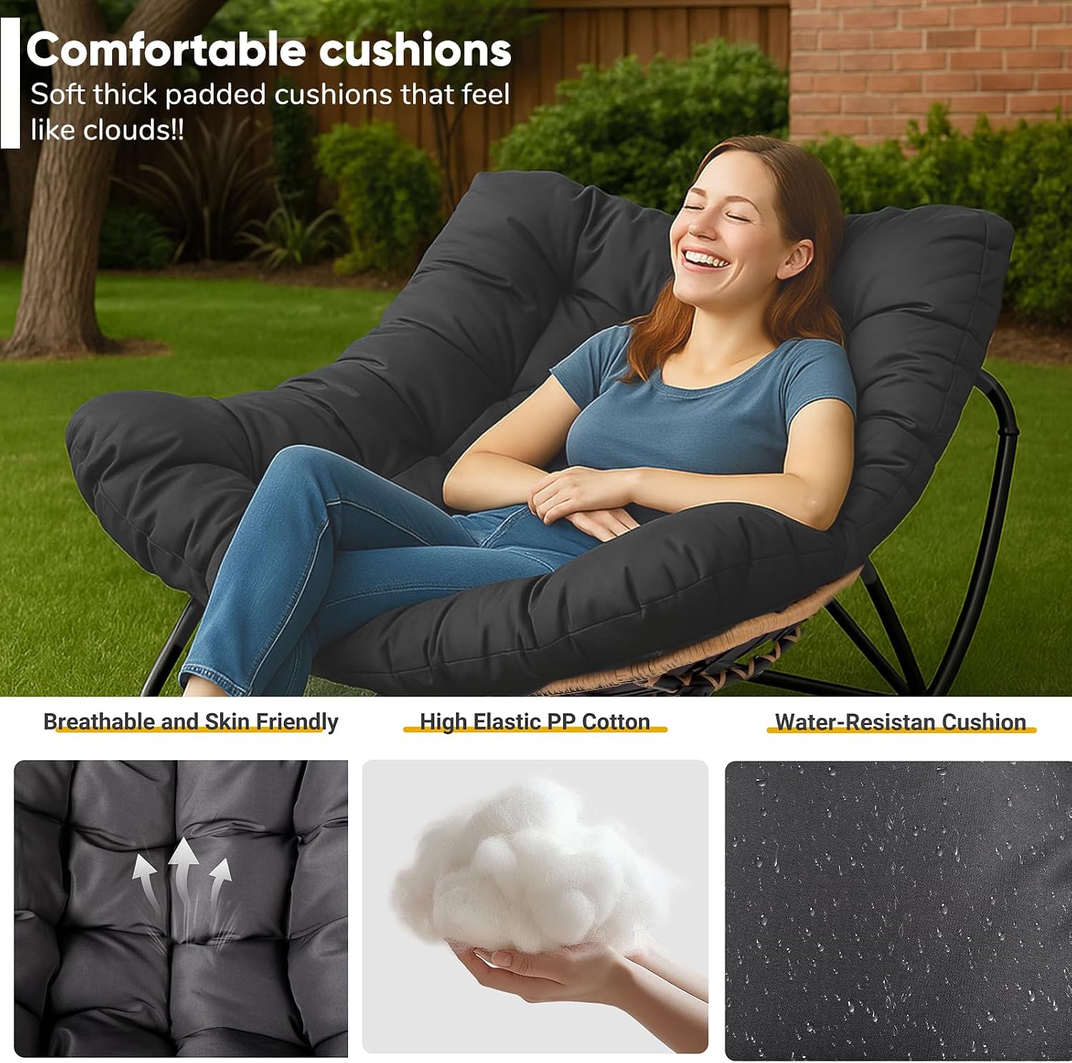 JOYBASE Outdoor Indoor Papasan Rocking Chair Set of 2, Oversized Papasan Rocker with Cushion, Patio Wicker Comfy Egg Chair for Backyard Bedroom Living Room Lounge Reading (Dark Grey)