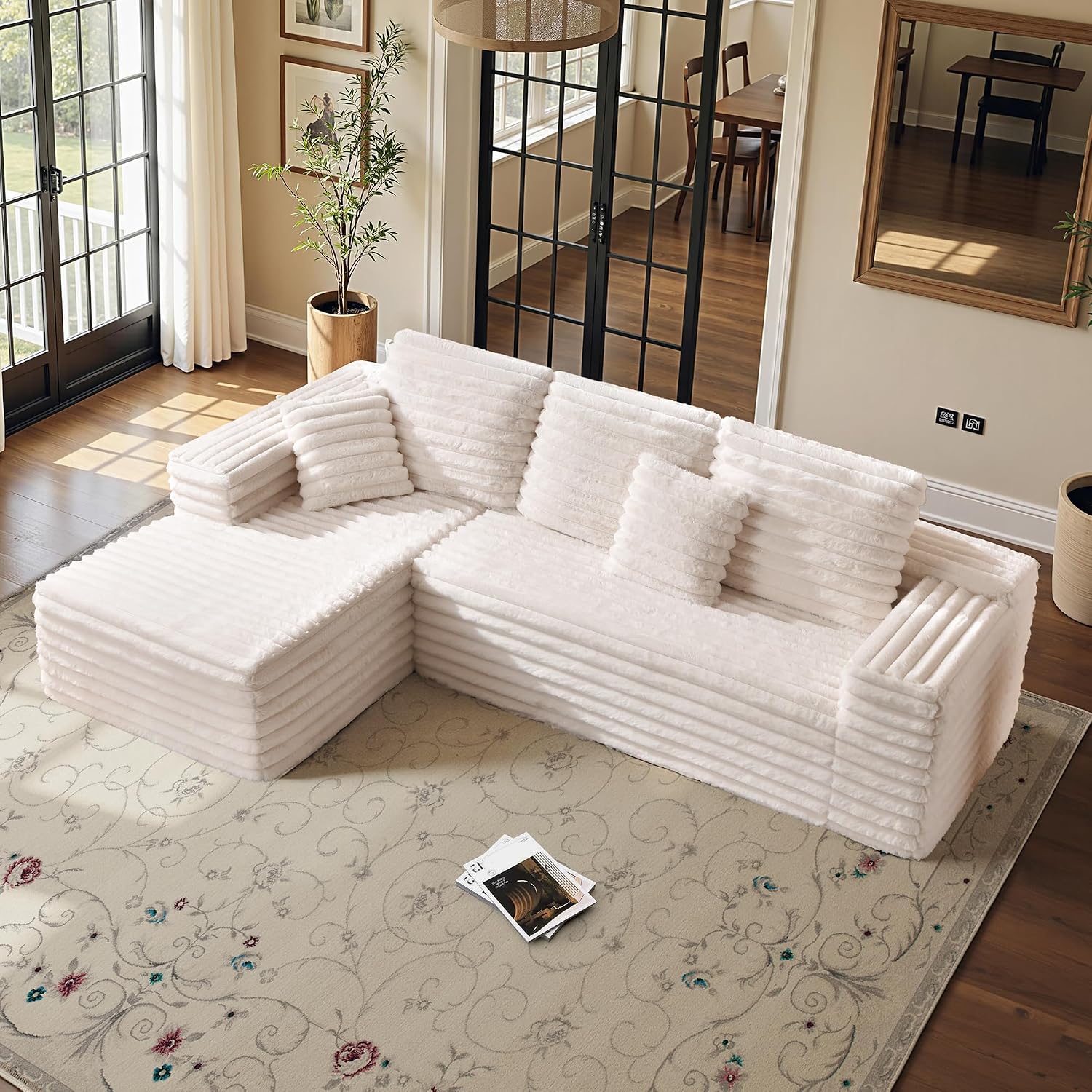 VanAcc 106' Oversized Modular Sectional Sofa, Deep Seat Cloud Couch with Corduroy Upholstery, L Shaped Boneless Sofas, Easy No-Assembly Lounge Couches for Living Room, Cream