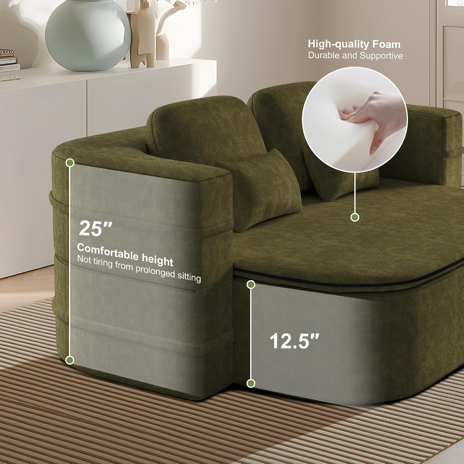75'' Folding Sleeper Sofa Bed, Convertible Memory Foam Boneless Couch, Foldable Full Size Guest Bed, Modern 2-in-1 Futon Floor Sleeper Sofa with 4 Pillows and Blanket (Chenille, Green1)