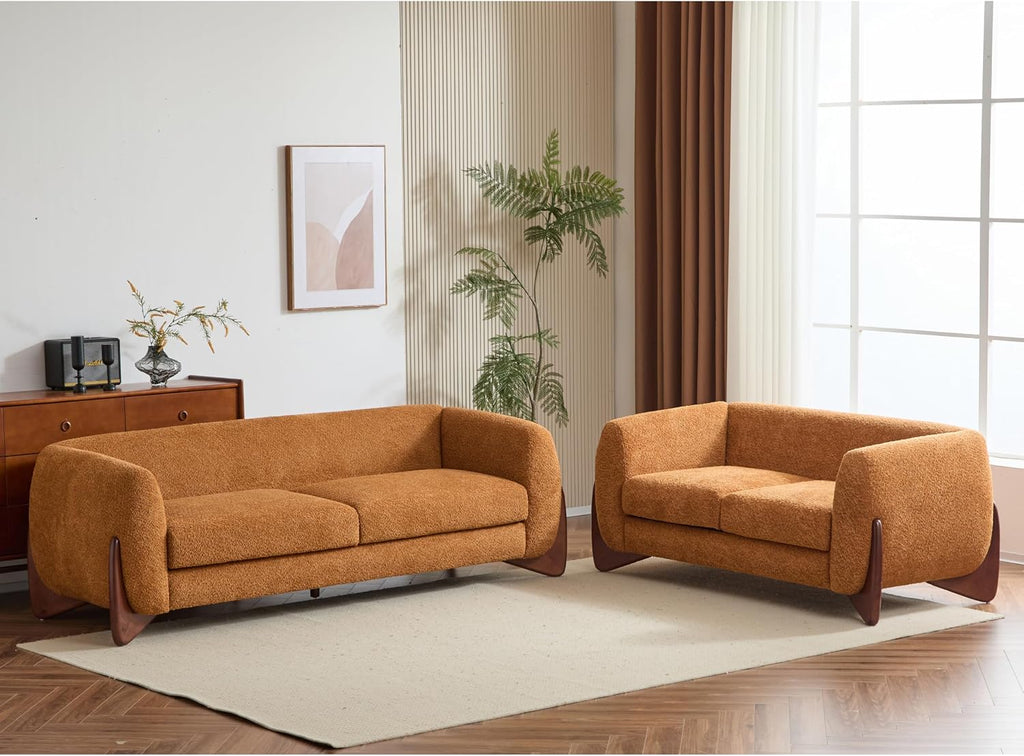 Christopher Knight Home Almad 2 Pieces Sofa Couch Set, Cozy 3-Seater Sofa and Loveseat for Living Room, Upholstered Couch Chair, Soft Seating Lounge Sofa with Wood Frame, Boucle Fabric, Caramel Brown