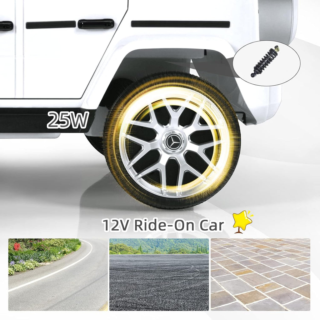 INFANS Licensed Mercedes Benz G63 Kids Ride On Car, 12V Electric Vehicle with Remote Control, Double Open Doors, Music, Bluetooth, Wheels Suspension, Battery Powered for Children Boy Girl (White)
