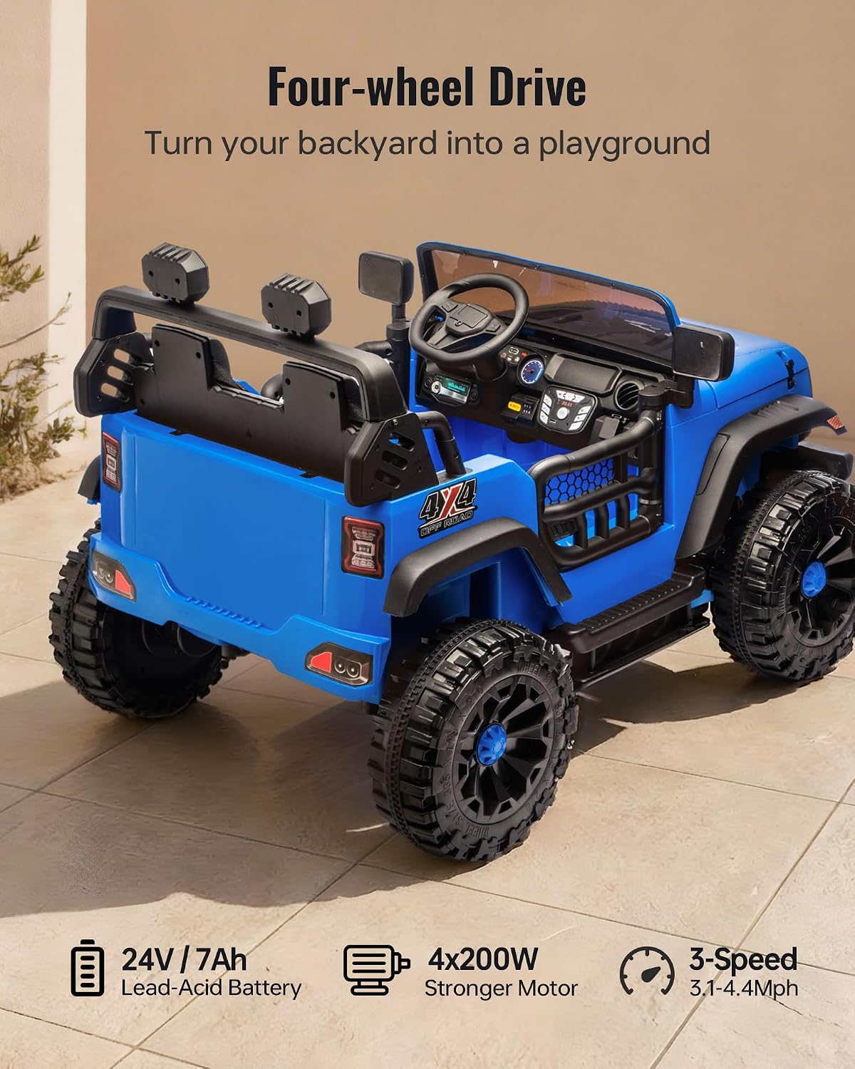 Outfunny 2 Seater Ride on Car Toy, 24V 4WD Electric Car for Kids 4-8 with Remote Control, 4x200W Motors, Capacity 150 lb - Blue