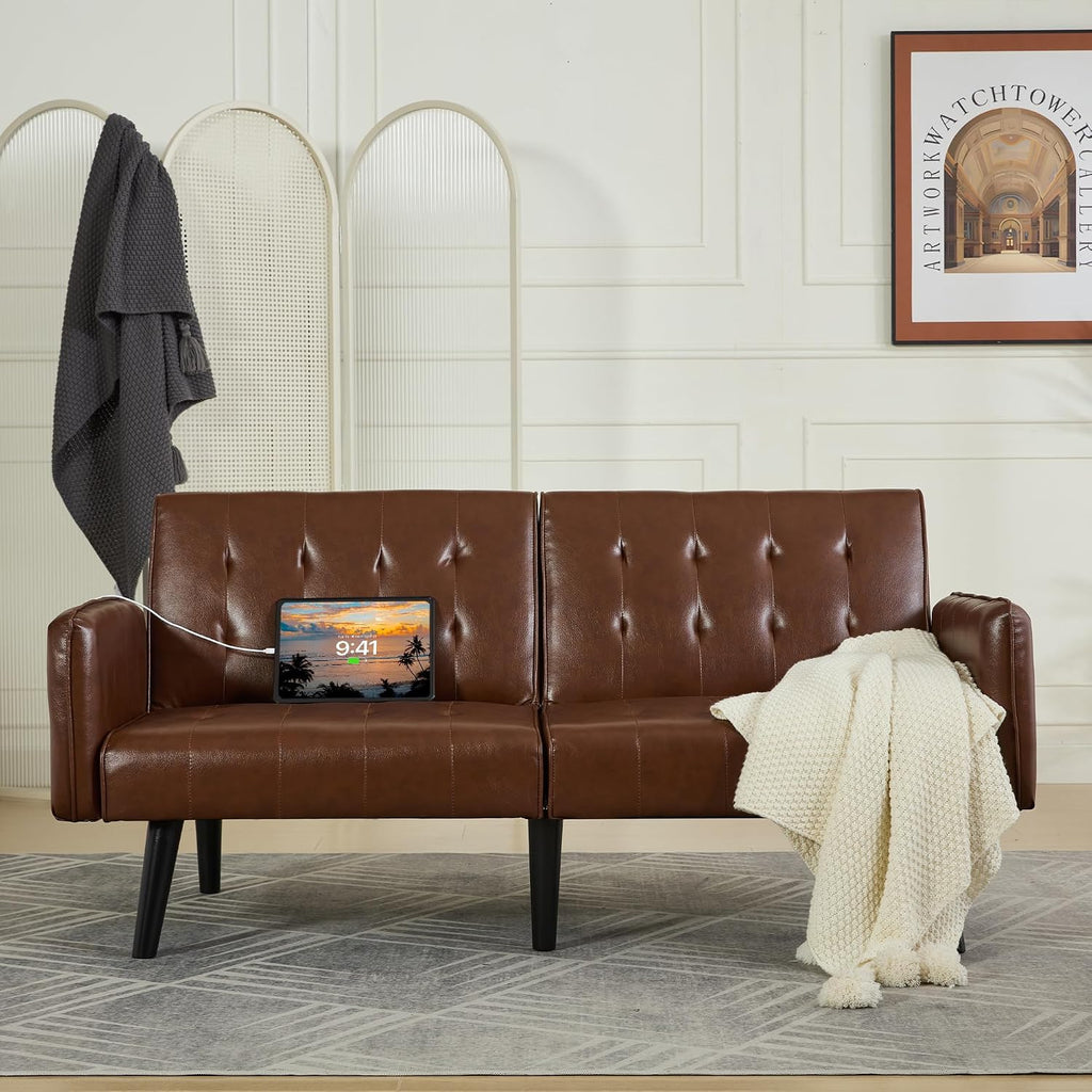 TYBOATLE 65' Convertible Futon Sofa Bed w/ 2 USB,Tufted Small Adjustable Folding Couch Loveseat, Modern Mid Century Faux Leather Sleeper Sofa for Living Room, Bedroom,Office, Brown