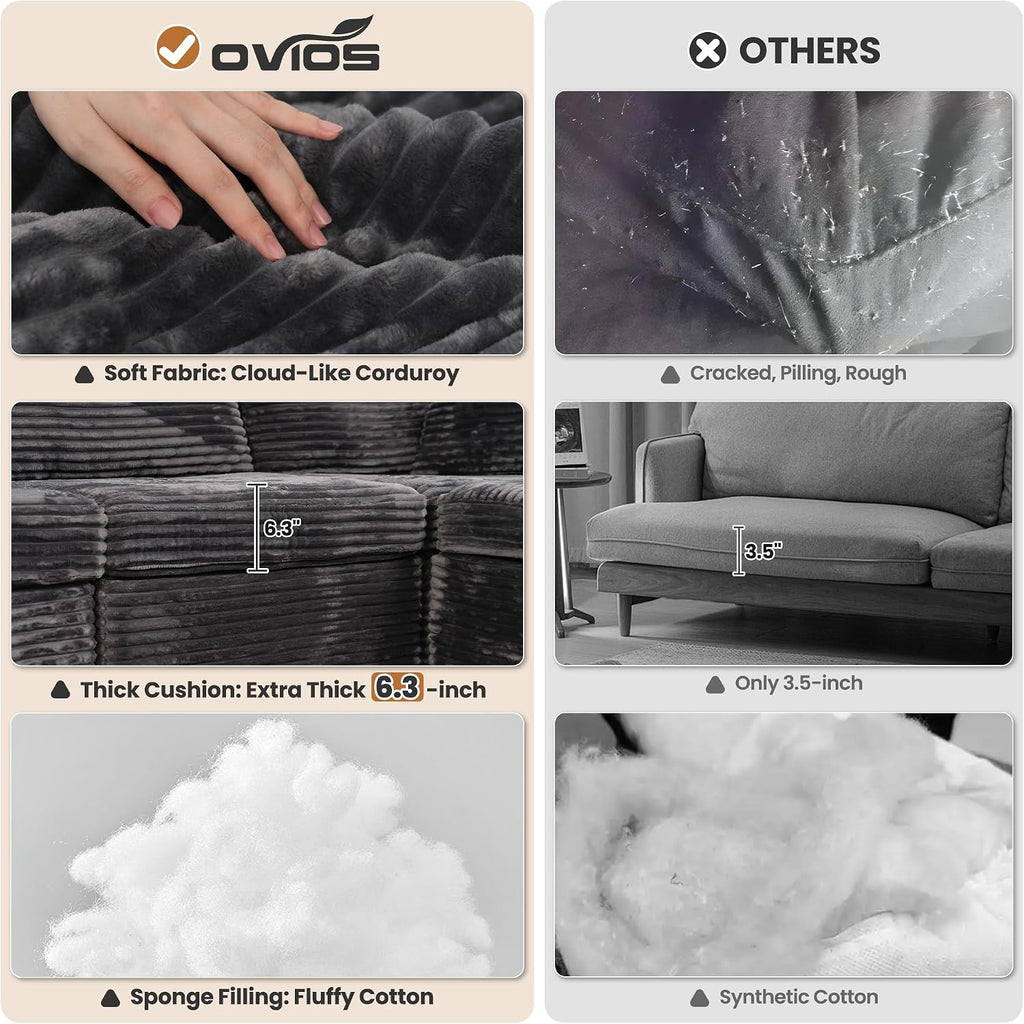 ovios Modular Sectional Sofa Couch with U-Shape Chaise Ottomans, Comfy Plush Corduroy Cloud Couches, Modern Deep Seat Sofas Set for Living Room, 9-Seater, Grey