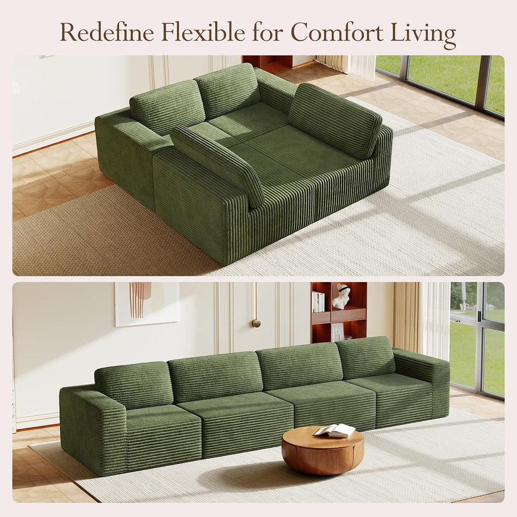 Vesgantti 159' Modular Sectional Sofa, Corduroy Cloud Couch with Extra Deep Seats & Spring Support, Flexible Layout 4-Seater Boneless Couch, No Assembly Required, Green