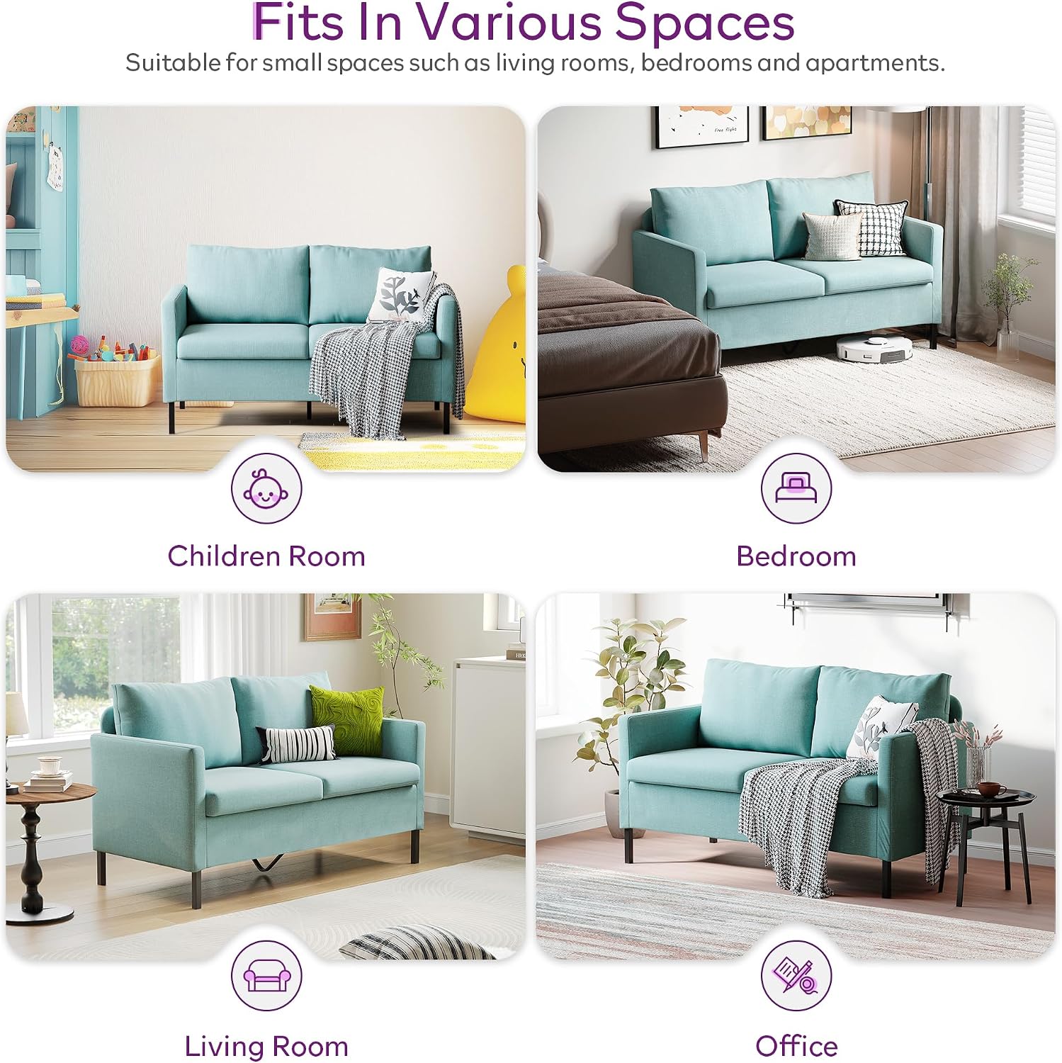 TYBOATLE 51' W Linen Fabric Upholstered Modern Loveseat Sofa Couch for Living Room, Love Seats 2-Seater Furniture w/Iron Legs for Compact Space, Apartment, Bedroom, Dorm, Office, Aqua Blue