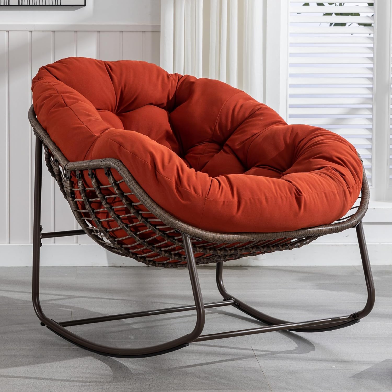KEIKI Oversized Patio Lounge Chair-Outdoor Rattan Egg Reading Chair, Indoor Padded Cushion Papasan Rocking Chair W/Steel Frame, Porch Rocker Chairs Furniture for Garden Lawn, Orange Red Spun-polyester