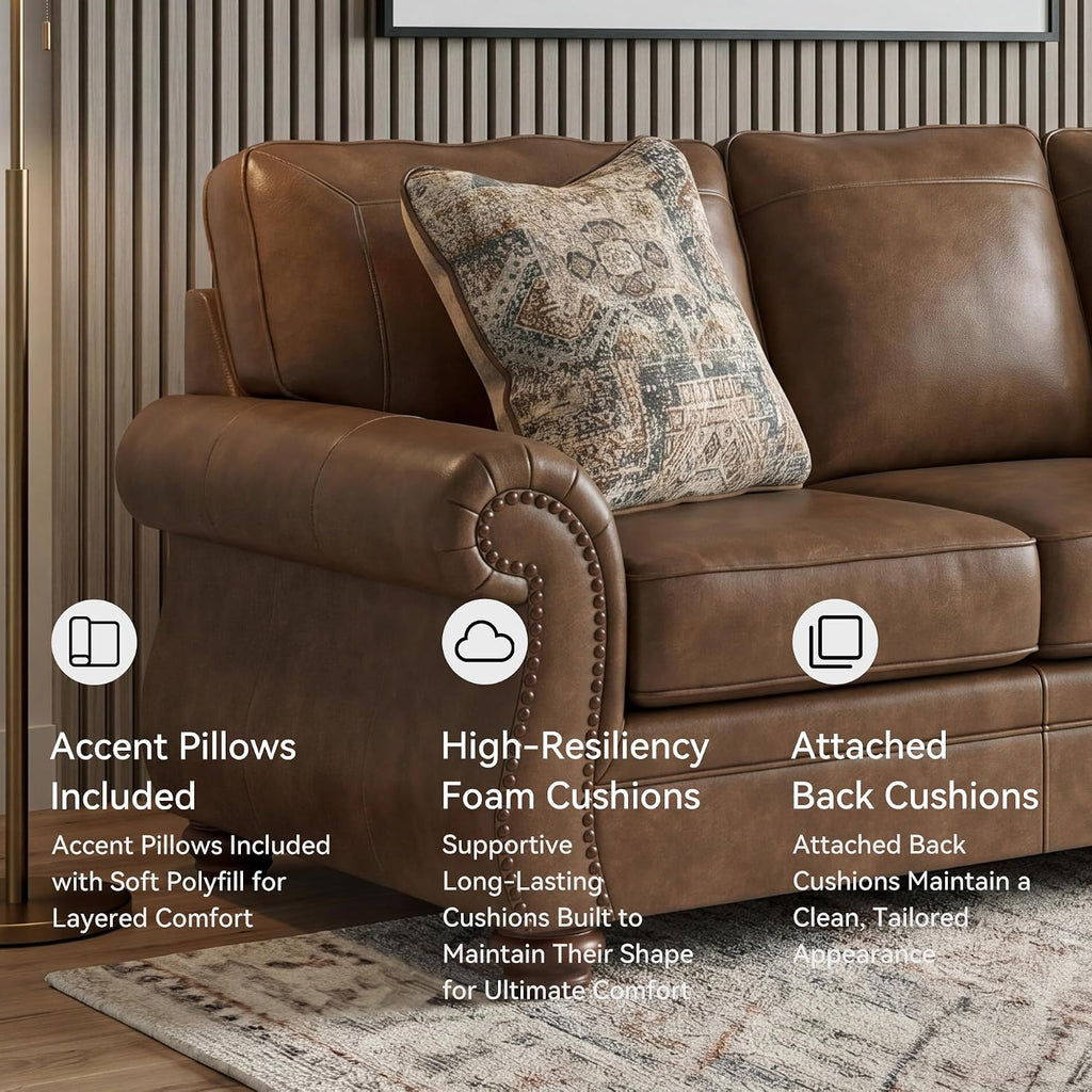 Signature Design by Ashley Shadsburne Rustic Faux Leather Sofa with Nailhead Trim and 2 Throw Pillows, Brown