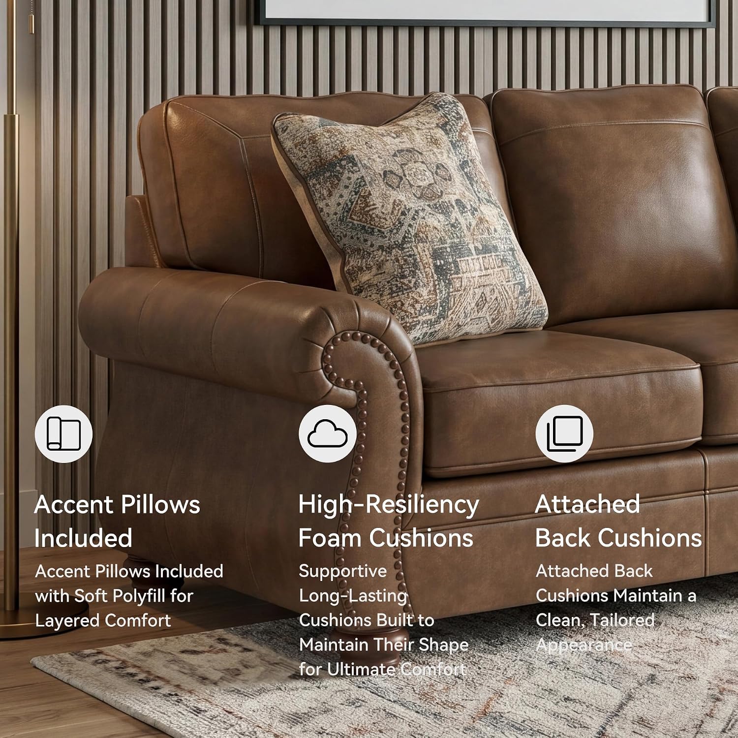 Signature Design by Ashley Shadsburne Rustic Faux Leather Sofa with Nailhead Trim and 2 Throw Pillows, Brown