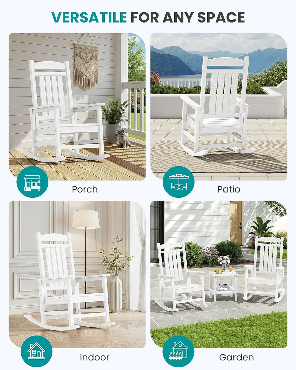 SERWALL Oversized Outdoor Rocking Chairs Set of 6, Oversized HDPE Porch Rockers for Adults, All-Weather Composite Patio Rocking Chairs, White