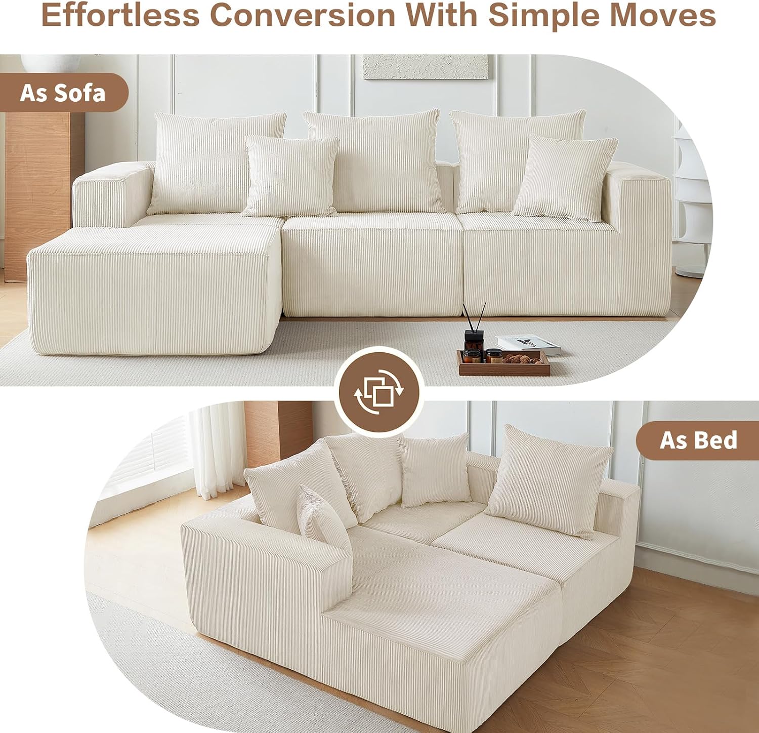 101' Cloud Couch for Bedroom,Boneless Couch with Oversized Chaise,4-Seat Chenille Deep Seat Sofa with 5-Pillows for Living Room,Corduroy Sofa in A Box,Beige