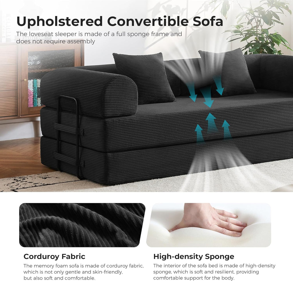 5-in-1 Convertible Sofa Bed No Assembly, 79' Fixed Steel Frame Sleeper with High-Resilience Foam, Corduroy Modular Couch Foldable for Small Space, Apartment, Studio (Black)