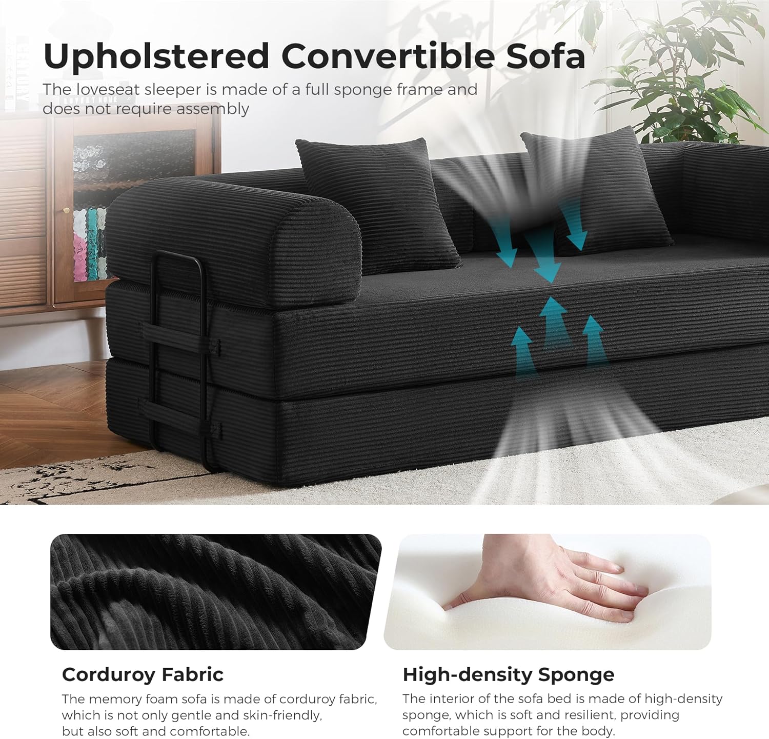 5-in-1 Convertible Sofa Bed No Assembly, 79' Fixed Steel Frame Sleeper with High-Resilience Foam, Corduroy Modular Couch Foldable for Small Space, Apartment, Studio (Black)