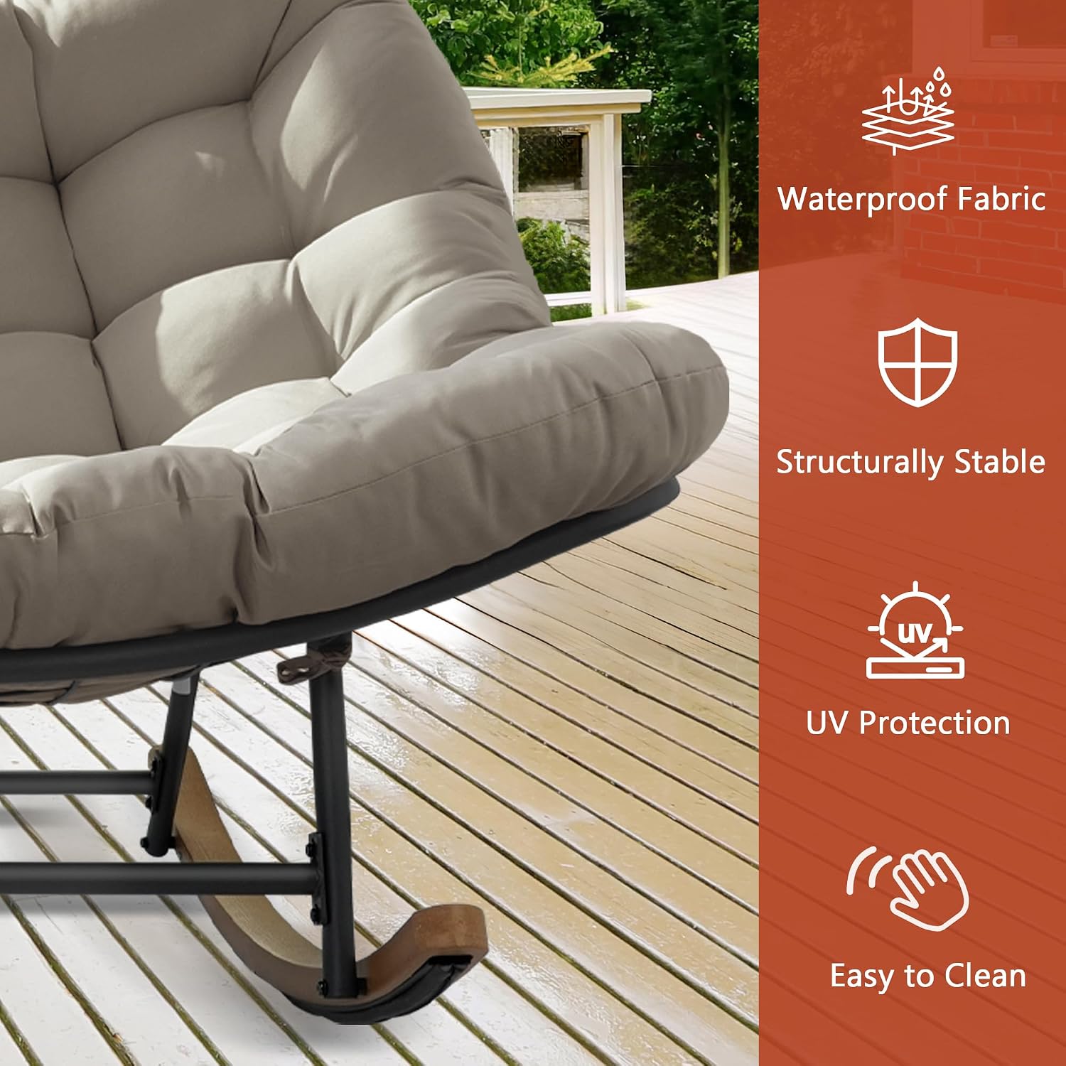 Double Outdoor Papasan Rocking Chair, Oversized Papasan Loveseat with 6' Weatherproof Cushion & PE Rattan Frame, All-Weather Patio Furniture for 2 Adults,Khaki