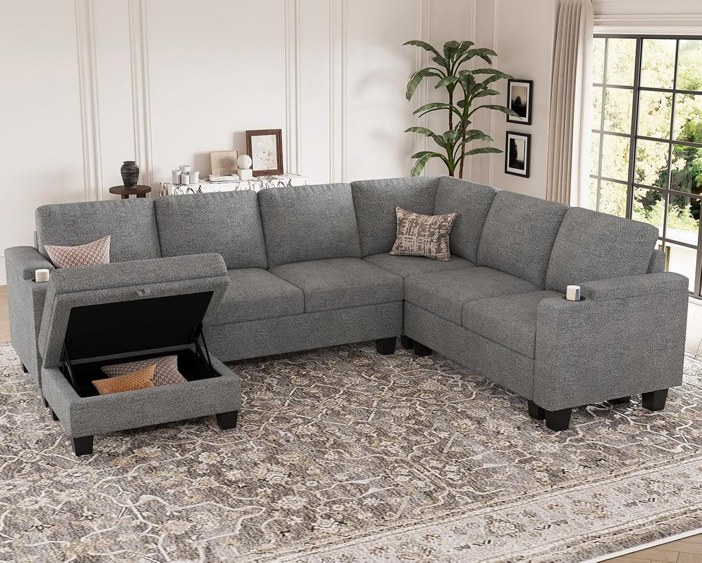 Belffin Chenille Modular Sectional Sofa Convertible L Shaped Corner Couches for Living Room with Storage Armrest with Cup Holder Light Grey Couch