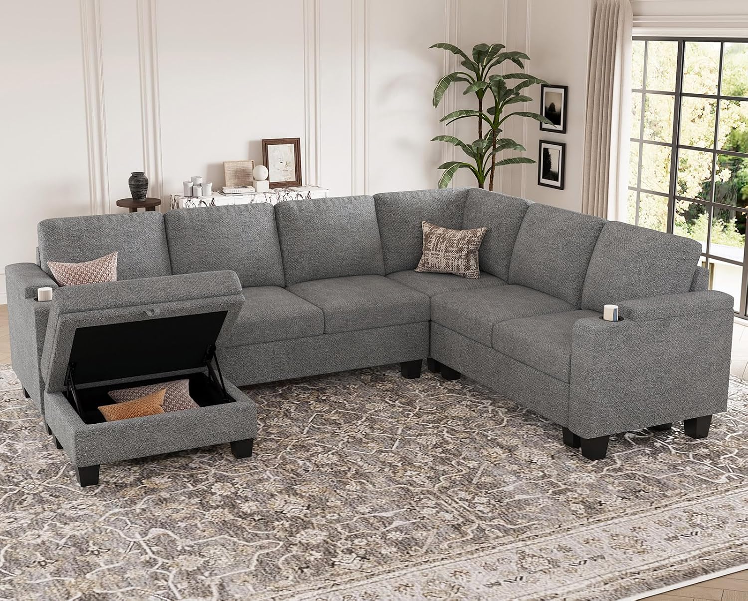 Belffin Chenille Modular Sectional Sofa Convertible L Shaped Corner Couches for Living Room with Storage Armrest with Cup Holder Light Grey Couch