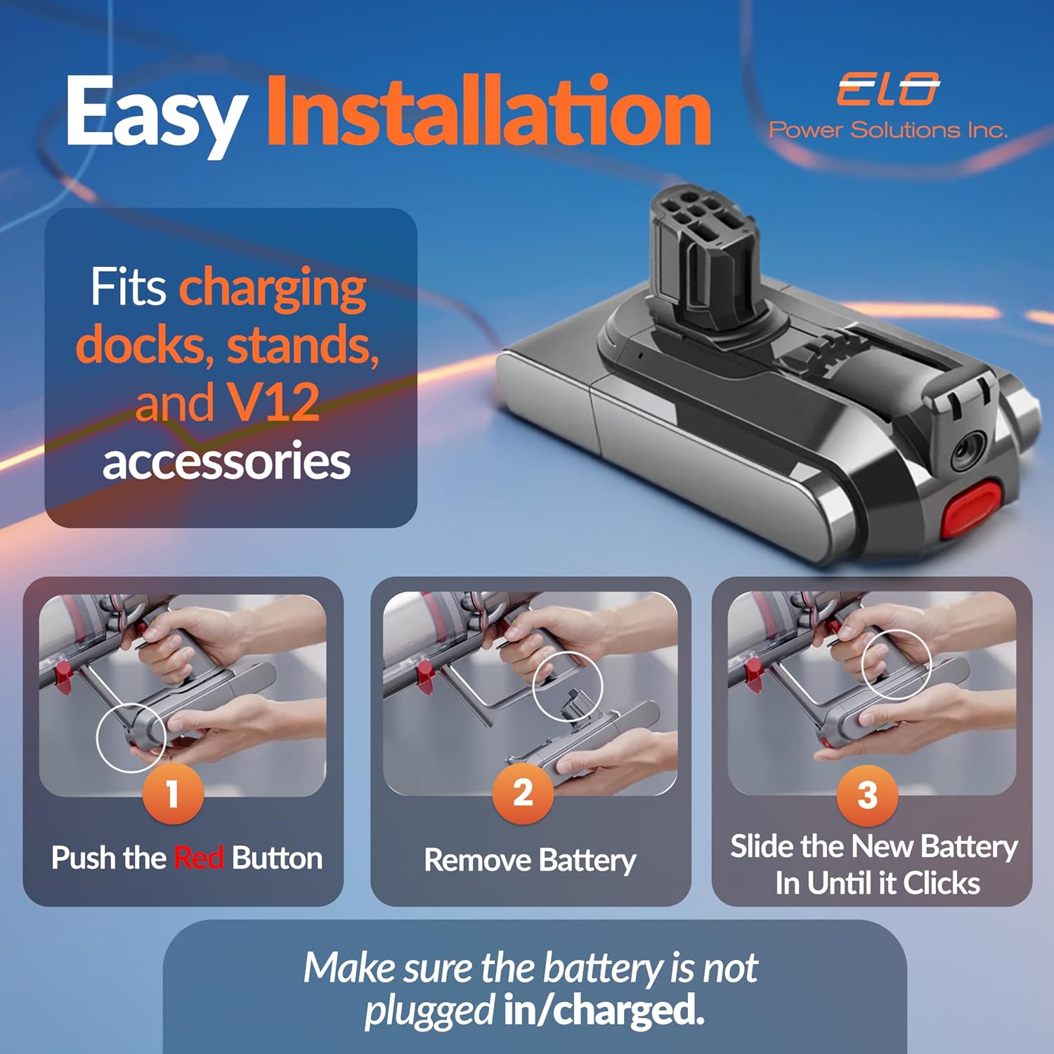 ELO Dyson V12 Replacement Battery and Filter 3000mAh Click-in for Detect Slim, Absolute, Fluffy, SV30, SV46, 25.2V, Part 965470-01, 60min ECO Runtime, BMS Protection, Does Not Fit SV12 or V10