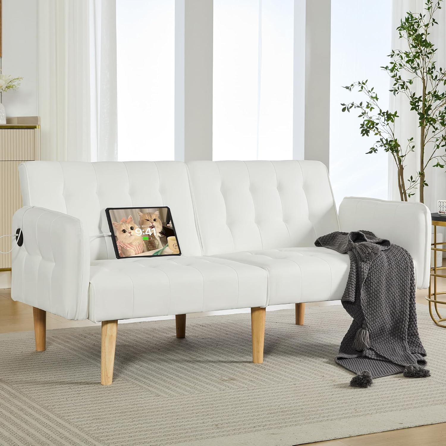 TYBOATLE Modern White Faux Leather Upholstered Convertible USB Folding Futon Sofa Bed, 65' Couch, Love Seats Furniture for Small Space Configuration, Apartment, Dorm, Living Room, Office