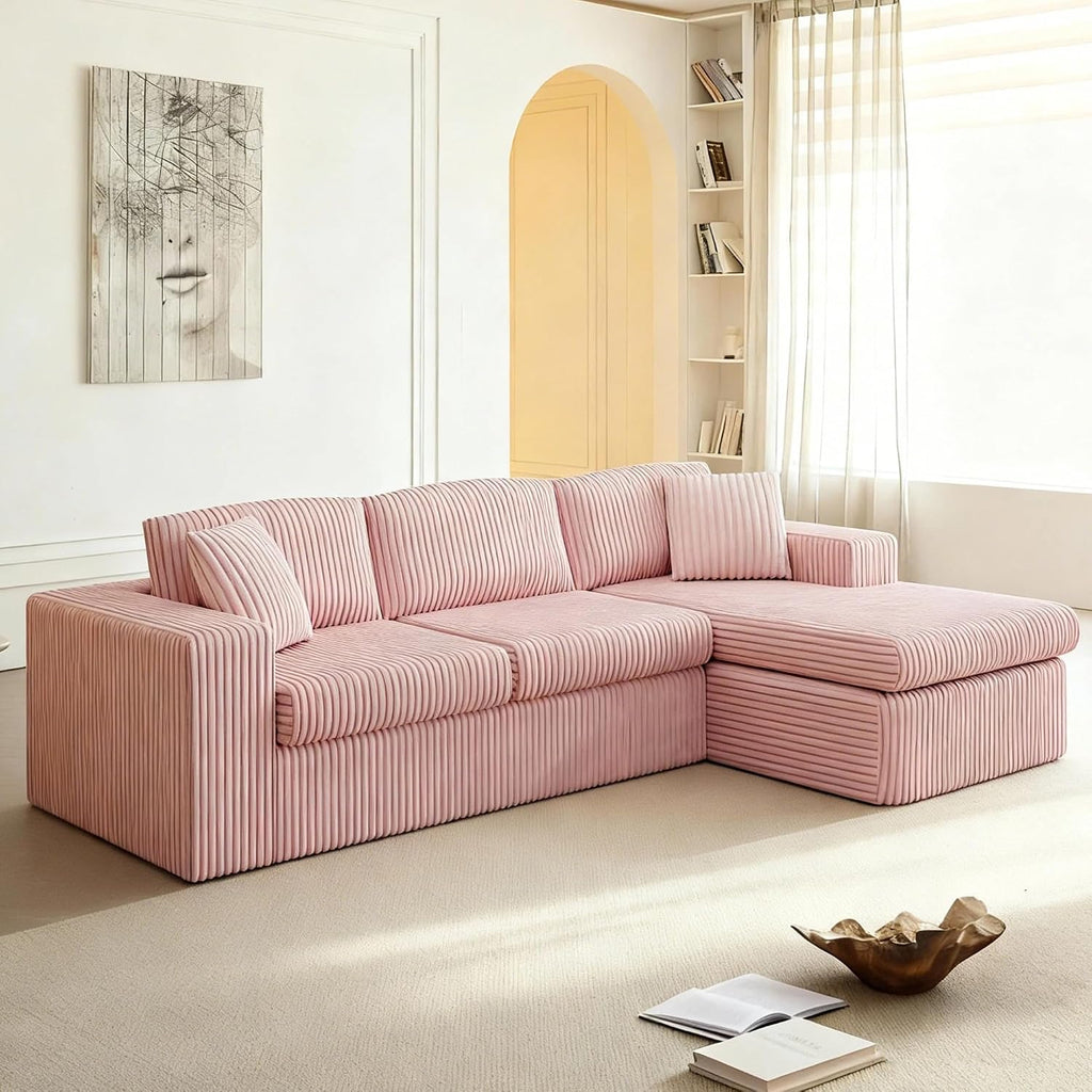 JAMFLY 105' Boneless Couches for Living Room Modular Sectional Sofa L-Shape Couch with Oversized Chaise, Cloud Couch Deep Seat Memory Foam Upholstered for Bedroom, Plush Corduroy Fabric, Baby Pink
