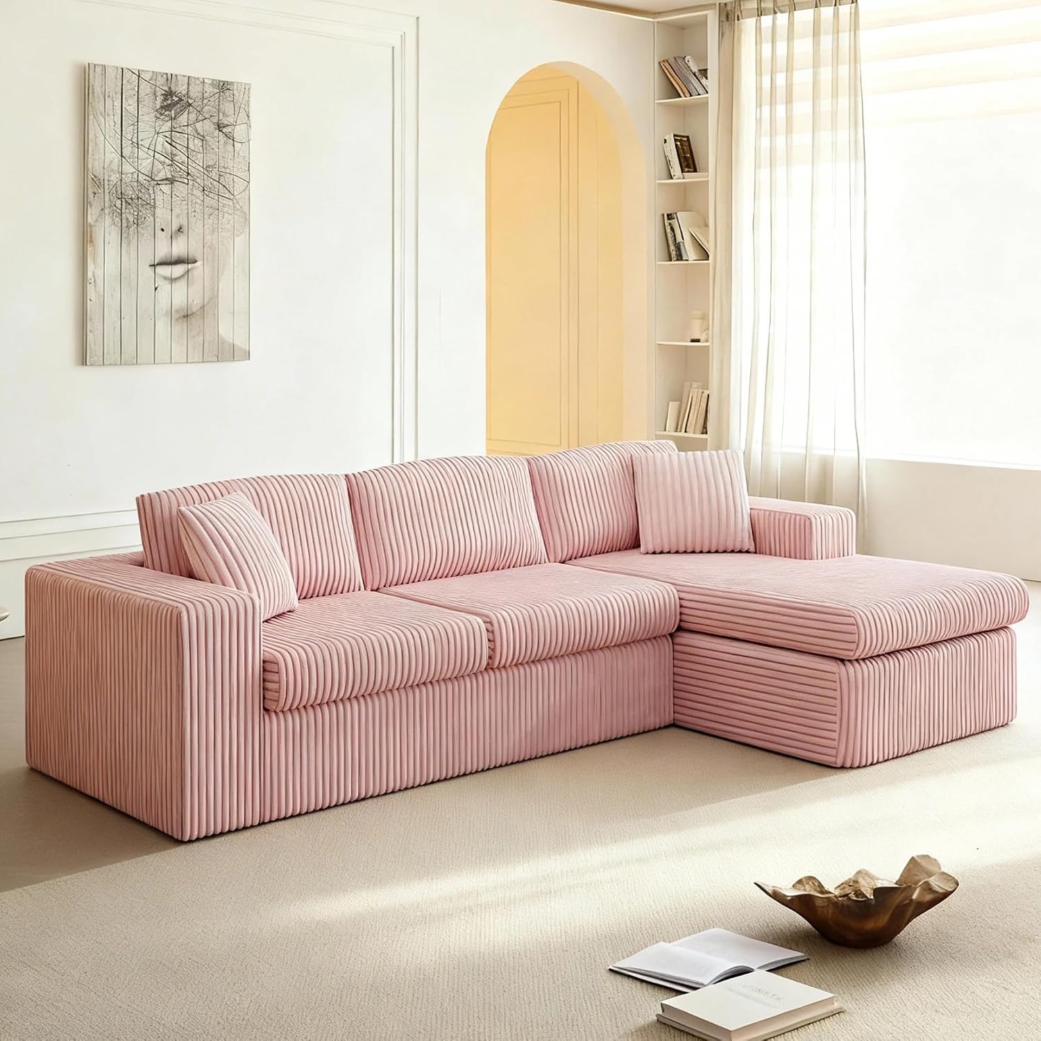 JAMFLY 105' Boneless Couches for Living Room Modular Sectional Sofa L-Shape Couch with Oversized Chaise, Cloud Couch Deep Seat Memory Foam Upholstered for Bedroom, Plush Corduroy Fabric, Baby Pink
