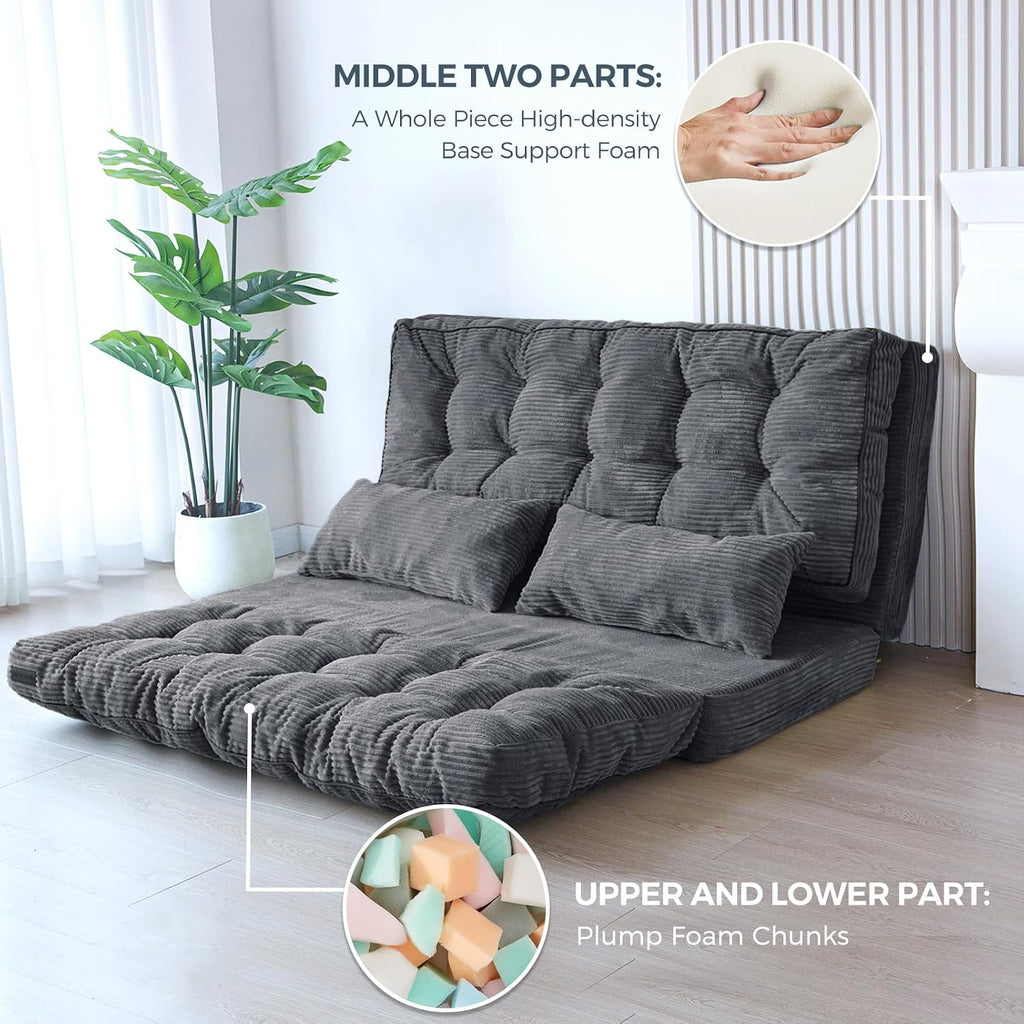 MAXYOYO Folding Sofa Bed, Tufted Bean Bag Bed with Pillows Floor Mattress for Adults, Extra Thick and Long Floor Sofa, Full Couch for Bedroom Living Room, Dark Grey, 54x91 Inch