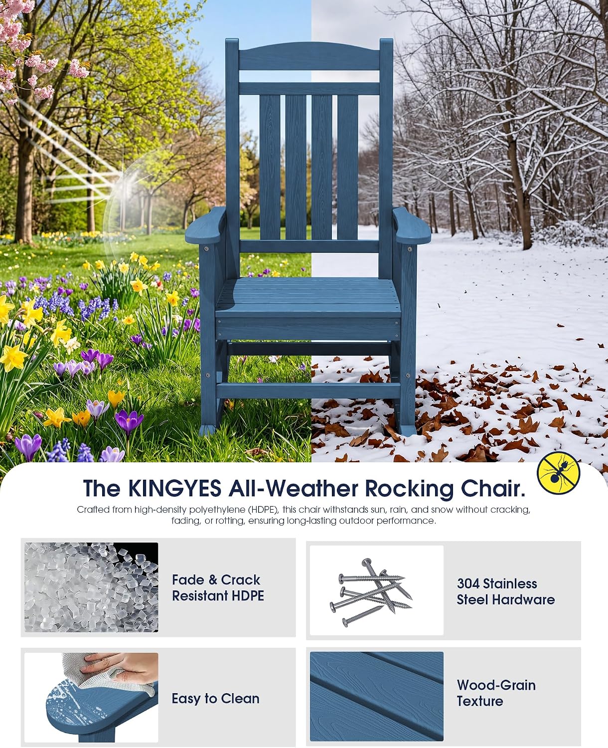 KINGYES Oversized HDPE Patio Rocking Chair Set of 6, Outdoor Rocking Chairs Porch Rocker for Adults, Navy