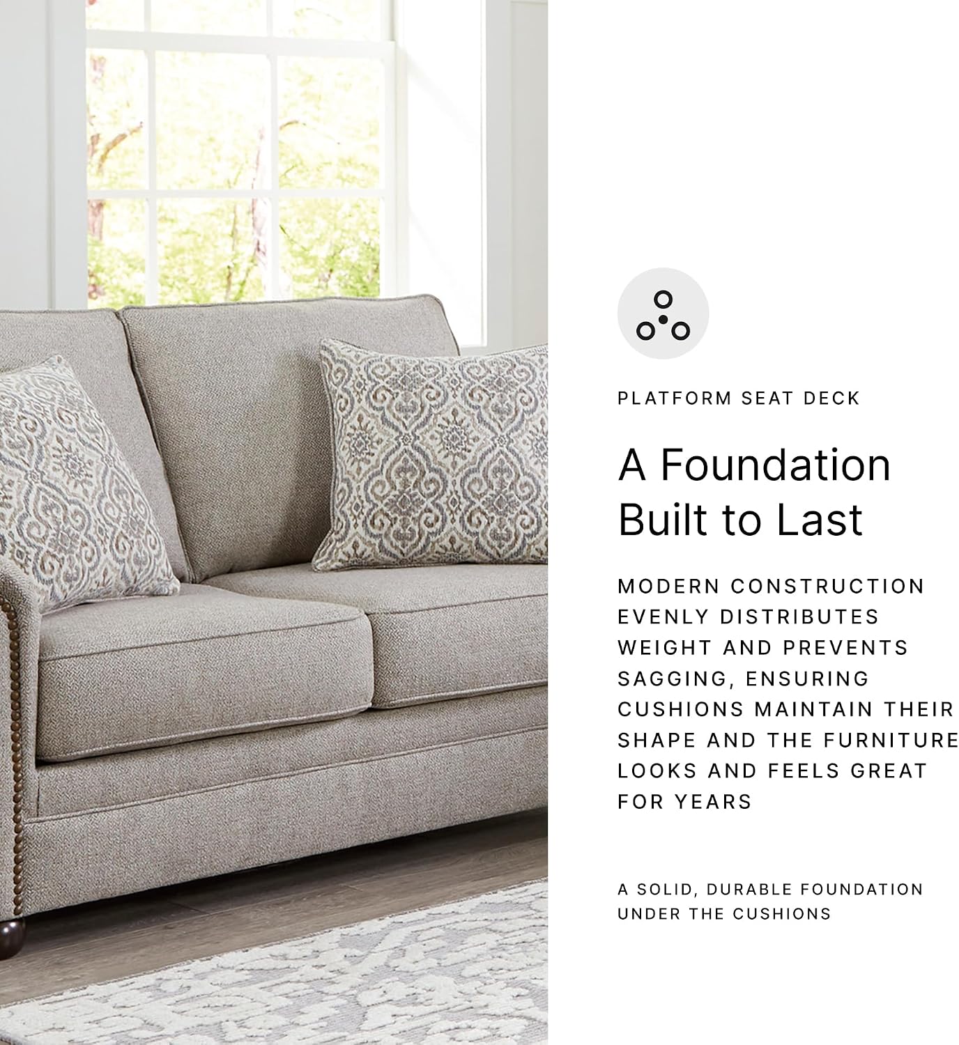 Signature Design by Ashley Gaelon Transitional Loveseat with Nailheads and 2 Accent Pillows, Beige