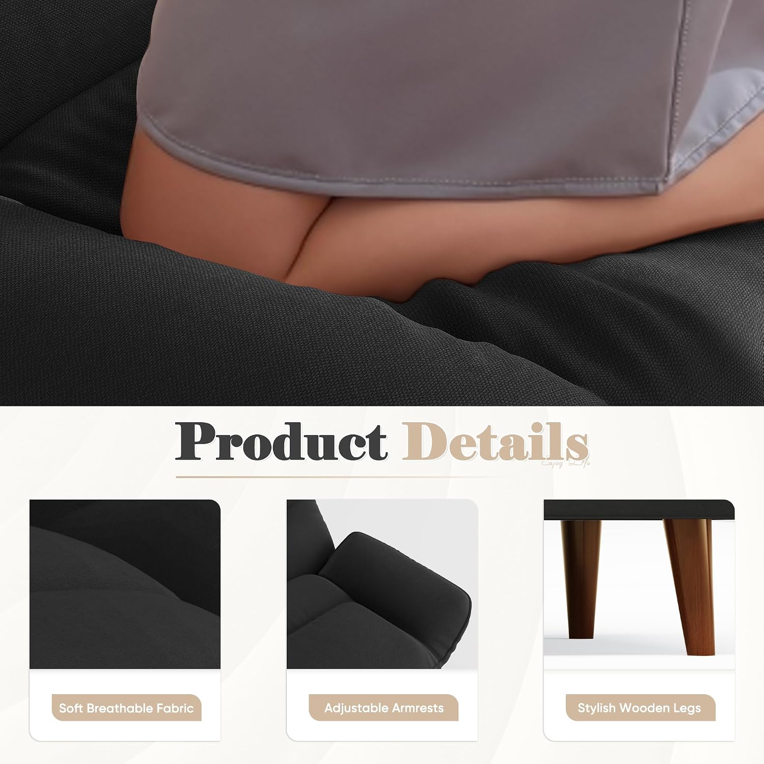 Homall Futon Sofa Bed, Modern Loveseat Futon Couch with Adjustable Backrest and Armrests, Sleeper Sofa Bed with Wood Frame for Living Room, Office, Apartment (Fabric, Black)
