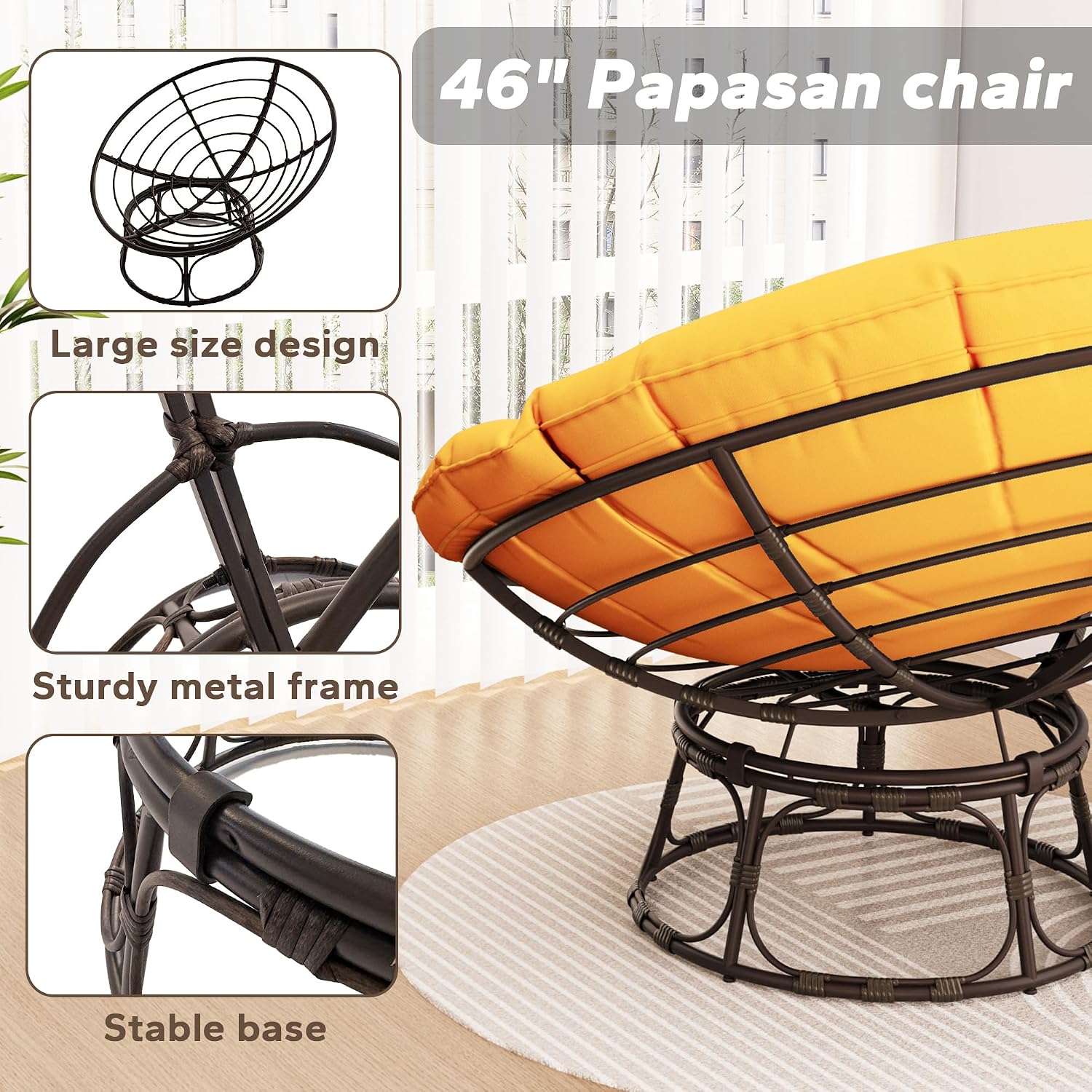 46'' Large Size Papasan Chair (Non-Swivel) with Cushion and Frame, Overstuffed Thickened Lazy Chair, Mustard Yellow