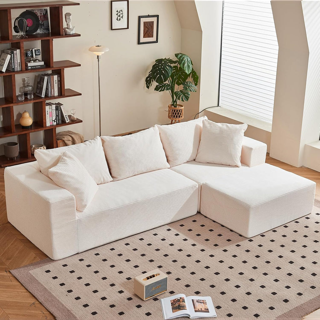 108' L-Shaped Boneless Couch, Modular Sectional Sofa with Moveable Ottoman, Corduroy Cloud Couches for Living Room, No Assembly, Ship in a Box, Beige