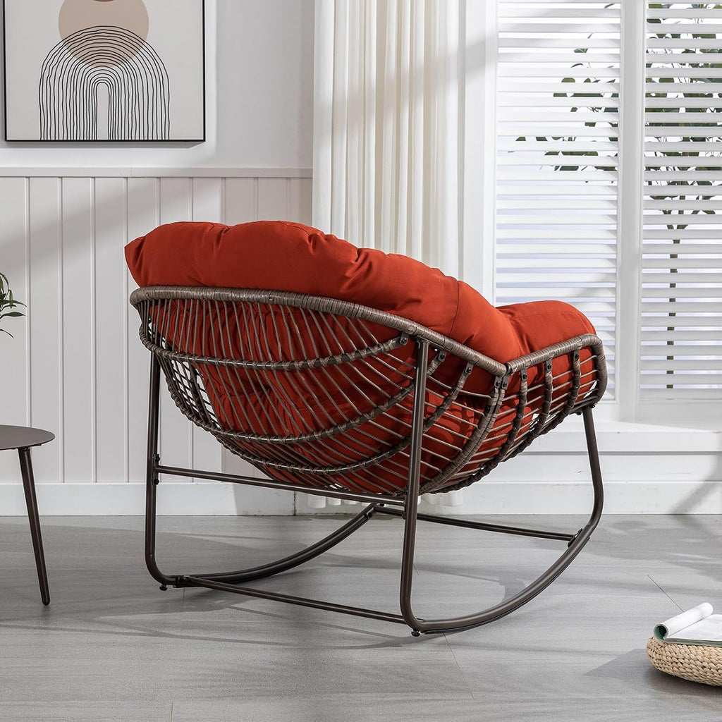 JEEOHEY Papasan Rocking Chairs Outdoor Indoor, Oversized Rattan Rocker Patio Chair with Padded Cushion, Comfy Modern Indoor Egg Chair for Living Room, Bedroom, Porch, Garden, Balcony(Velvet, Orange)