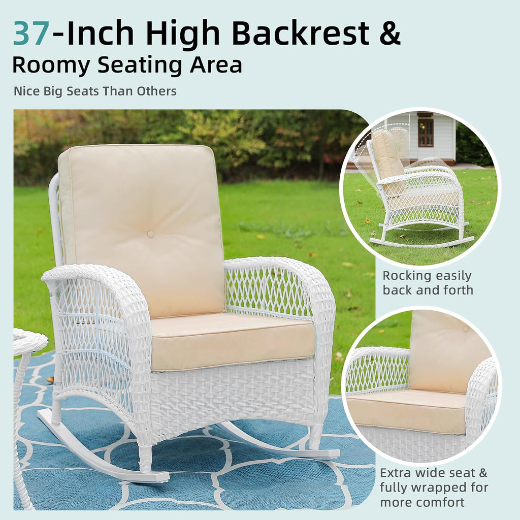 MEETWARM Outdoor Wicker Rocking Chair, Rattan Patio Rocker Chairs with Cushions and High Back, All-Weather Patio Wicker Chair with Safe Rocking Design for Garden Backyard Porch, White/Beige