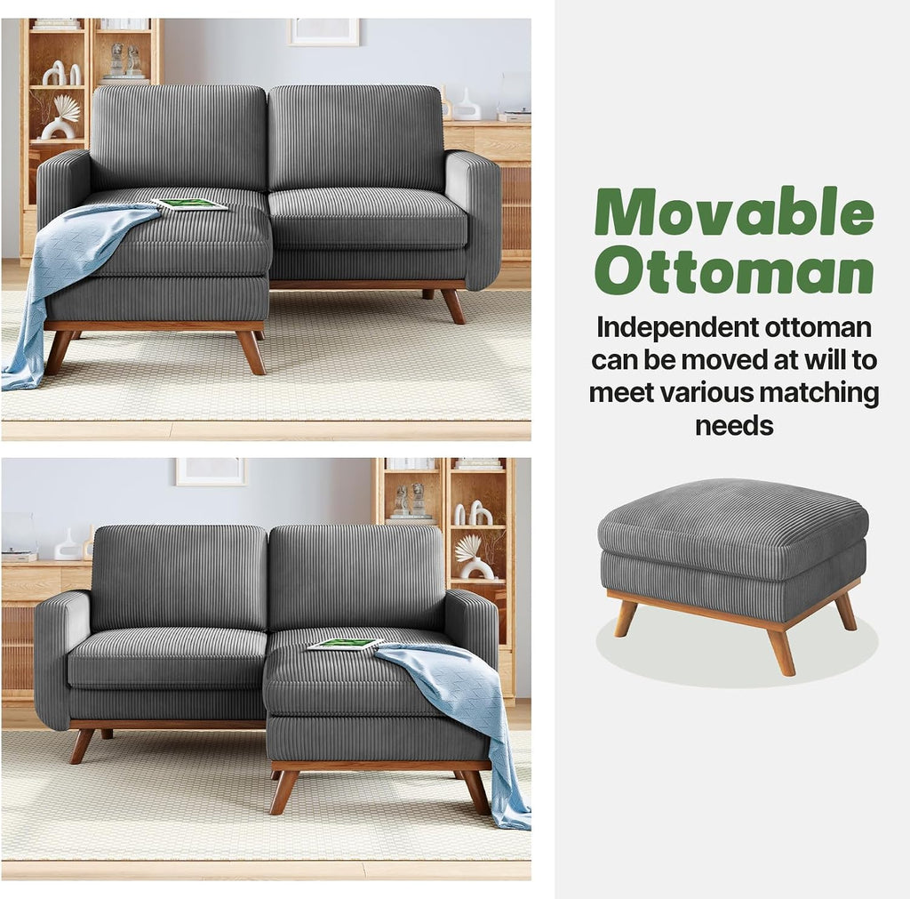 Vesgantti 68' Loveseat Sofa with Movable Ottoman, Comfy Corduroy Couch with Spring Cushion, Sofa Couch with Solid Wood, Modern Office Sofa with Deep Seat for Living Room and Bedroom, Dark Gray