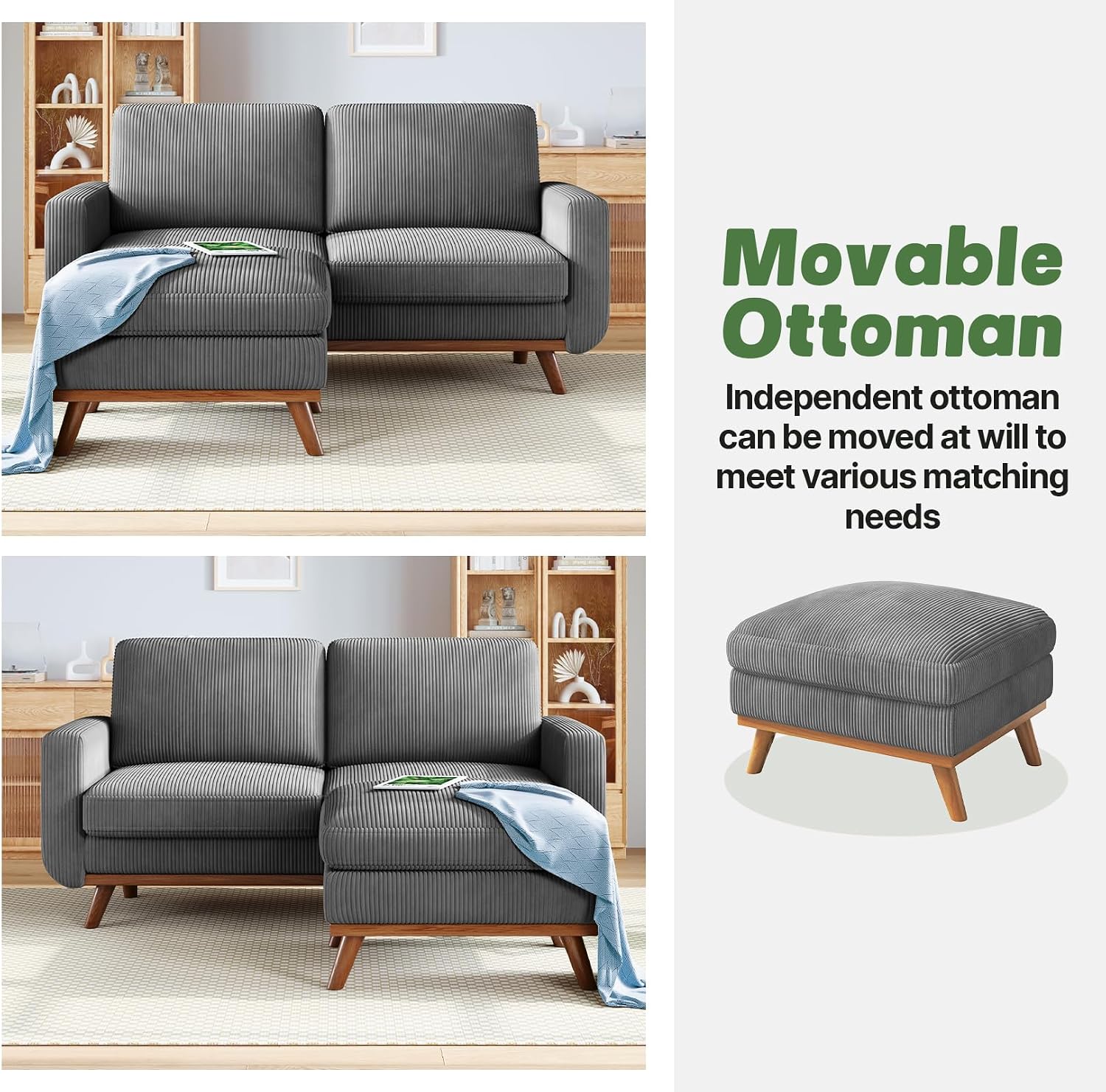 Vesgantti 68' Loveseat Sofa with Movable Ottoman, Comfy Corduroy Couch with Spring Cushion, Sofa Couch with Solid Wood, Modern Office Sofa with Deep Seat for Living Room and Bedroom, Dark Gray