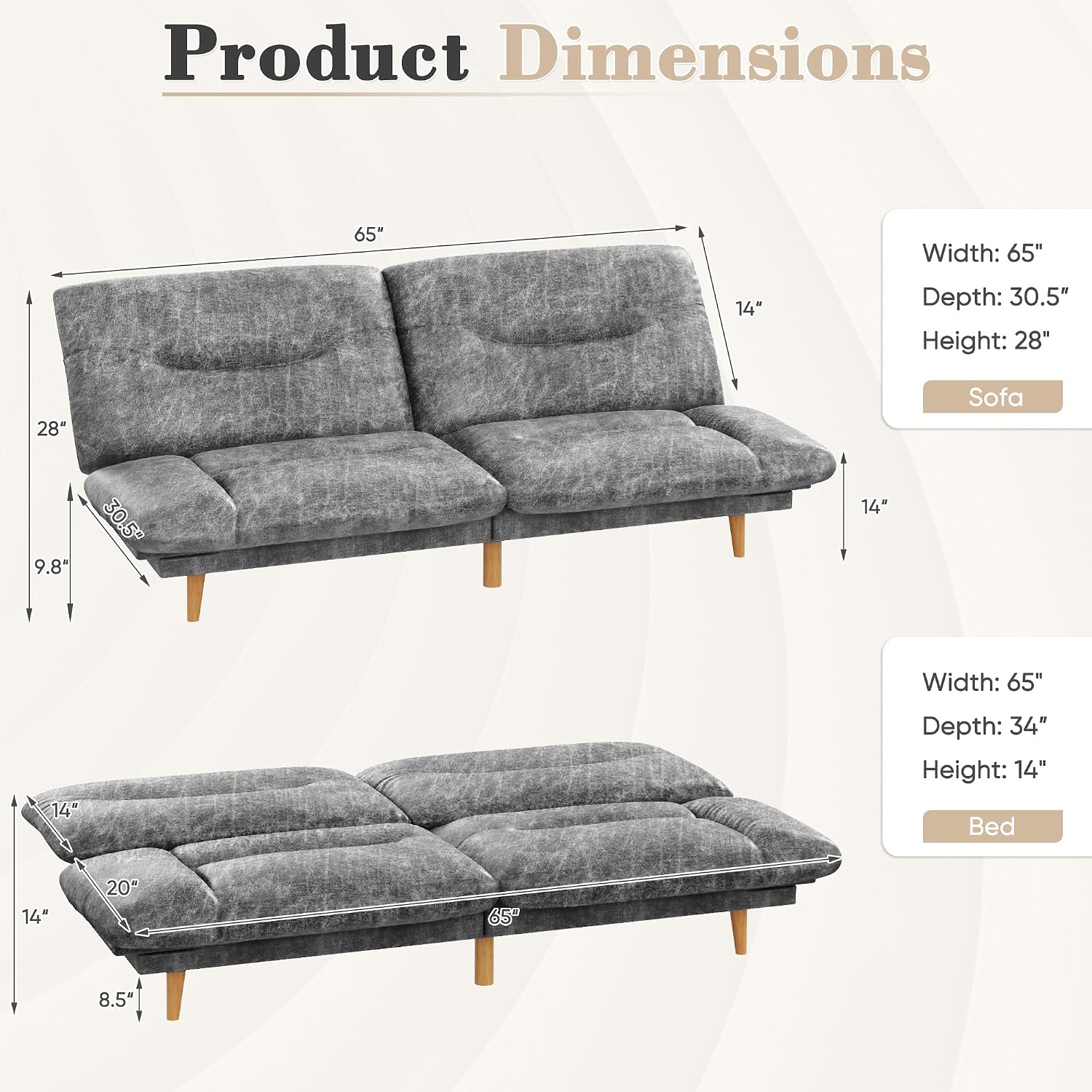Homall Futon Sofa Bed, Modern Loveseat Futon Couch with Adjustable Backrest and Armrests, Sleeper Sofa Bed with Wood Frame for Living Room, Office, Apartment (Leathaire, Heather Gray)