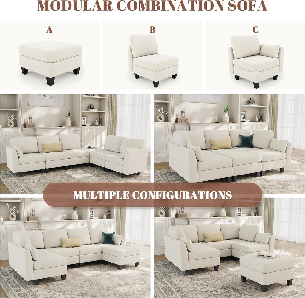 Sectional Sleeper Sofa, 6 Seaters Modular Sleeper Sofa Couch, Comfy Sectionals Couches Bed, Convertible Sofas with Ottomans, Modular Sectional Couches for Living Room, Beige