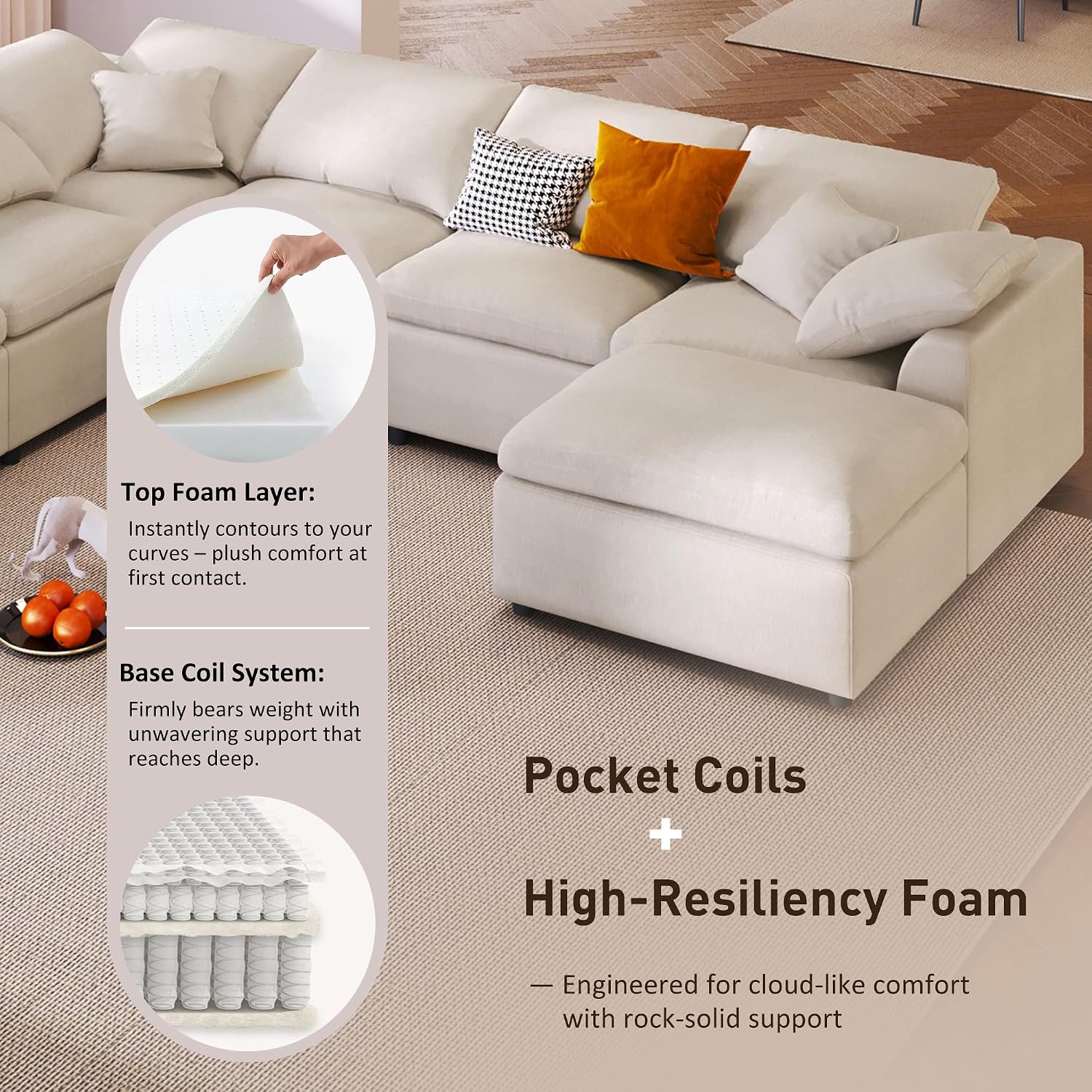 124.8' W Large Modular Sectional Sofa L Shaped Modern Couch with Ottoman, Deep Seat and Wide Chaise for Living Room, Beige
