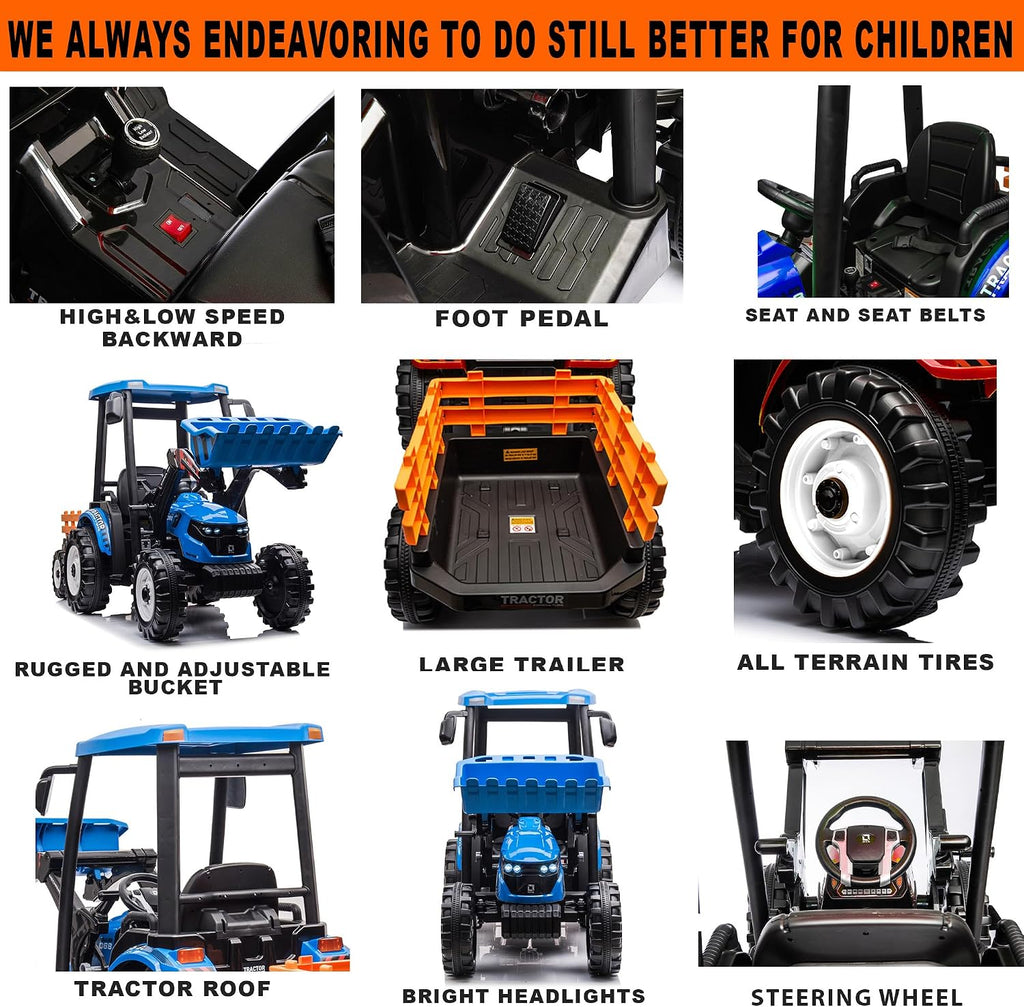 Kidsera 24V Kids Ride on Tractor with Trailer & Front Loader, 3 In1 Tractor 4-Gearbox 24volt Dual Motors Metal Frame, 24V Ride on Toys for Big Kids, Power Wheels Kids Electric Vehicles (Blue)